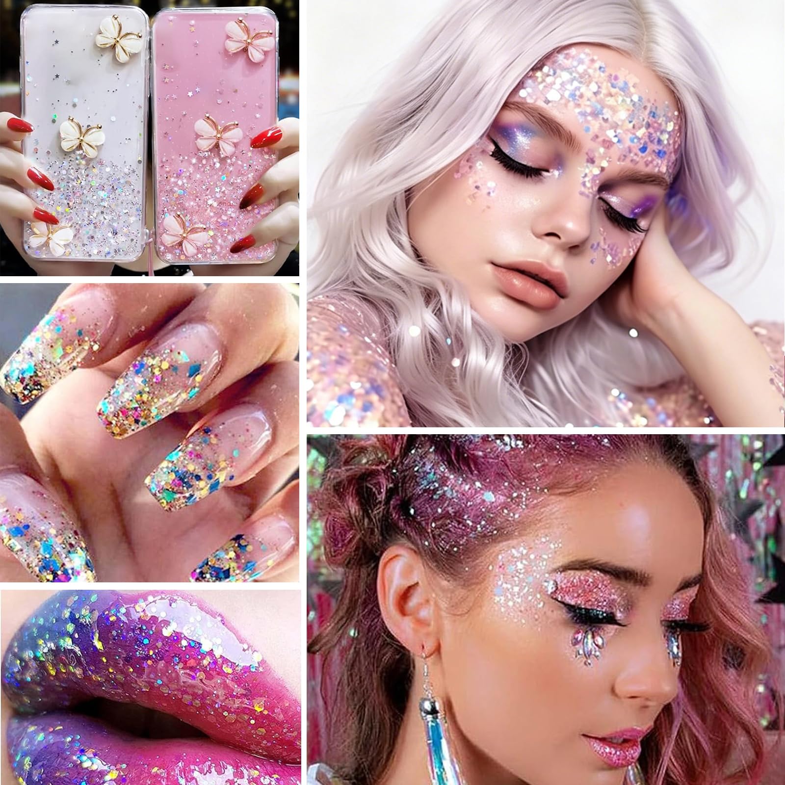 Glitter Gel Chunky 2x30ml Bianco & Rosa Argento. Gel Scintillante Viso, Corpo, Capelli a Lunga Tenuta per Festival, Feste, Carnevale.