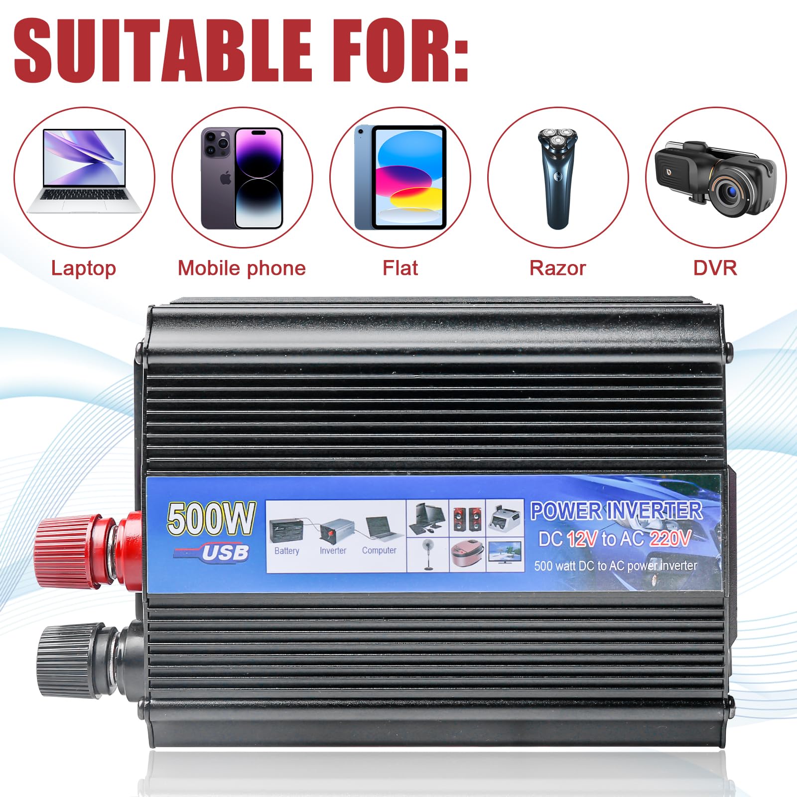 Inverter da 500 W, DC 12 V a 220 V, convertitore di tensione per auto, convertitore di corrente, inverter da 12 V a 220 V, spina accendisigari da auto, ricarica il tuo laptop, iPad