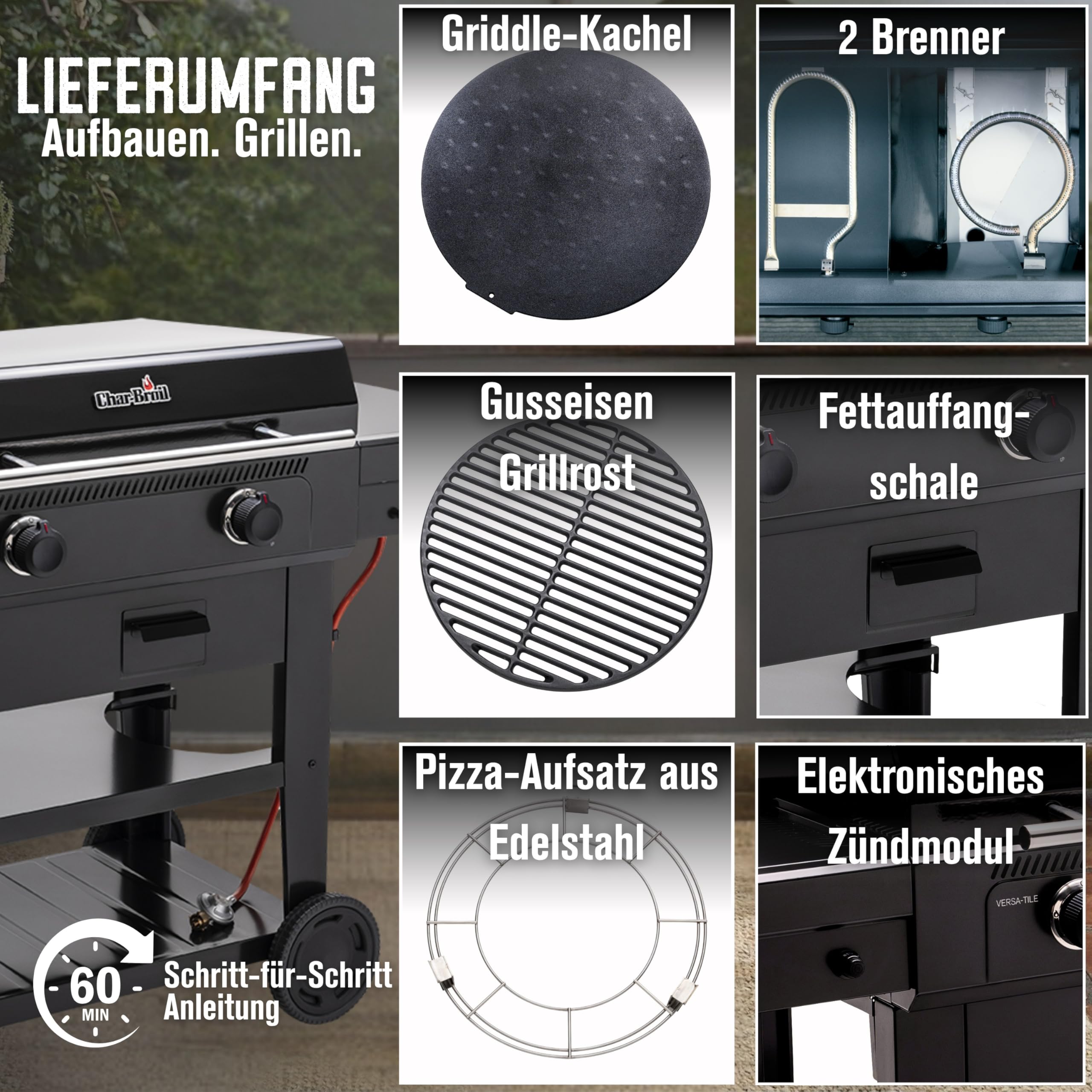 Char-Broil Griddle-Gasgrill Plancha Versa-Tile - 3-in-1 System: Griddle, Grill & Pizzaofen, 2-Zonen