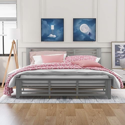 Miniatura 1 de JULYFOX Base de cama gris tamaño King, cama de plataforma de madera dura resistente de 500 libras con cabecero, no necesita somier (gris, tamaño