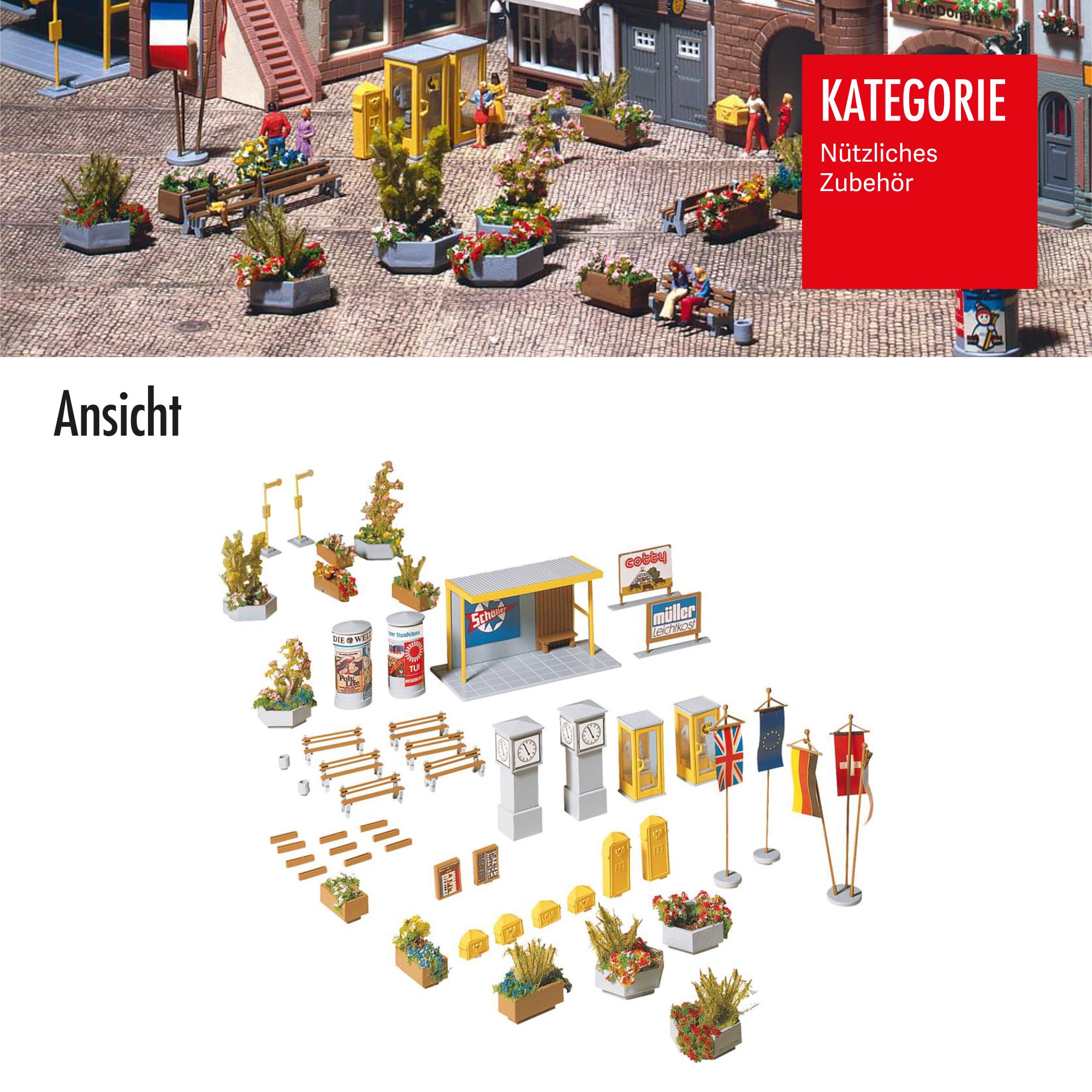 FALLER Stadtausschmückung Modellbausatz mit 117 Einzelteilen I Modelleisenbahn Zubehör H0 I Modelleisenbahn H0 Zubehör für Stadtausschmückungen