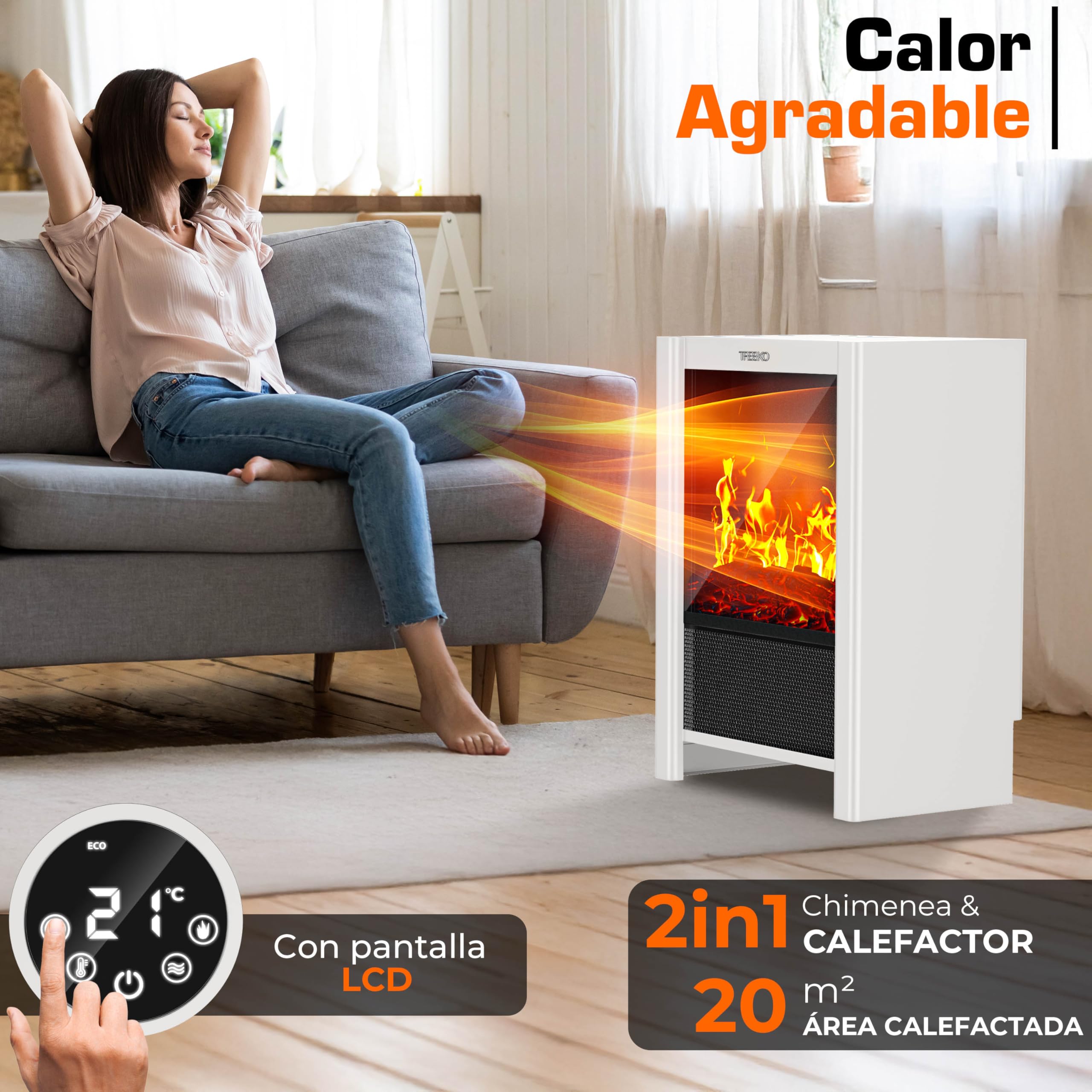 TRESKO Chimenea eléctrica 2000 W Smart Home WiFi Mando Estufa eléctrica Efecto Llama LED Pantalla LCD Termostato Calefacción ventilado