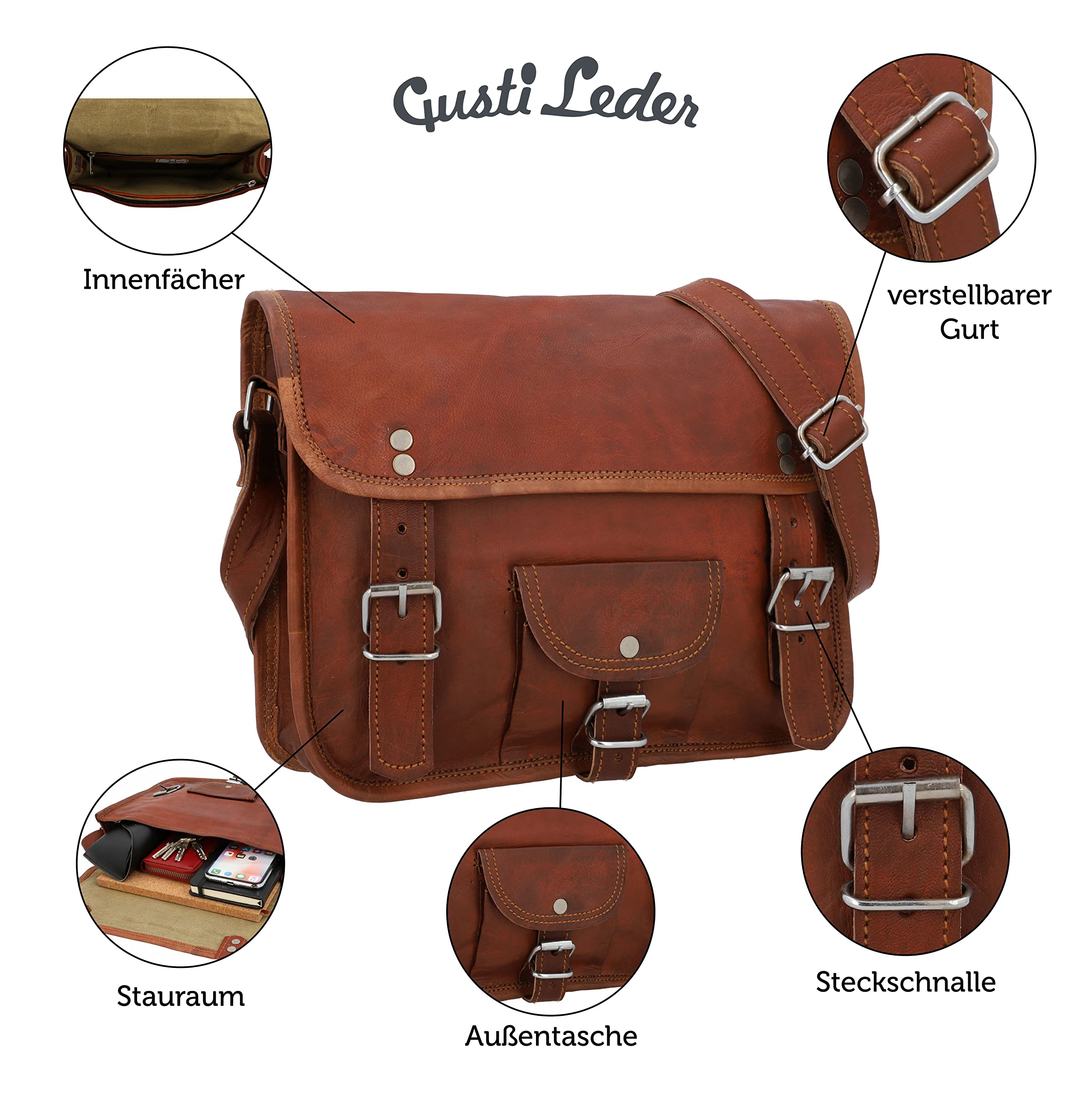 Gusti Umhängetasche Leder - Emilia 10" Damen und Herren Handytasche Handtasche Damen Braun Arbeitstasche Ledertasche Vintage