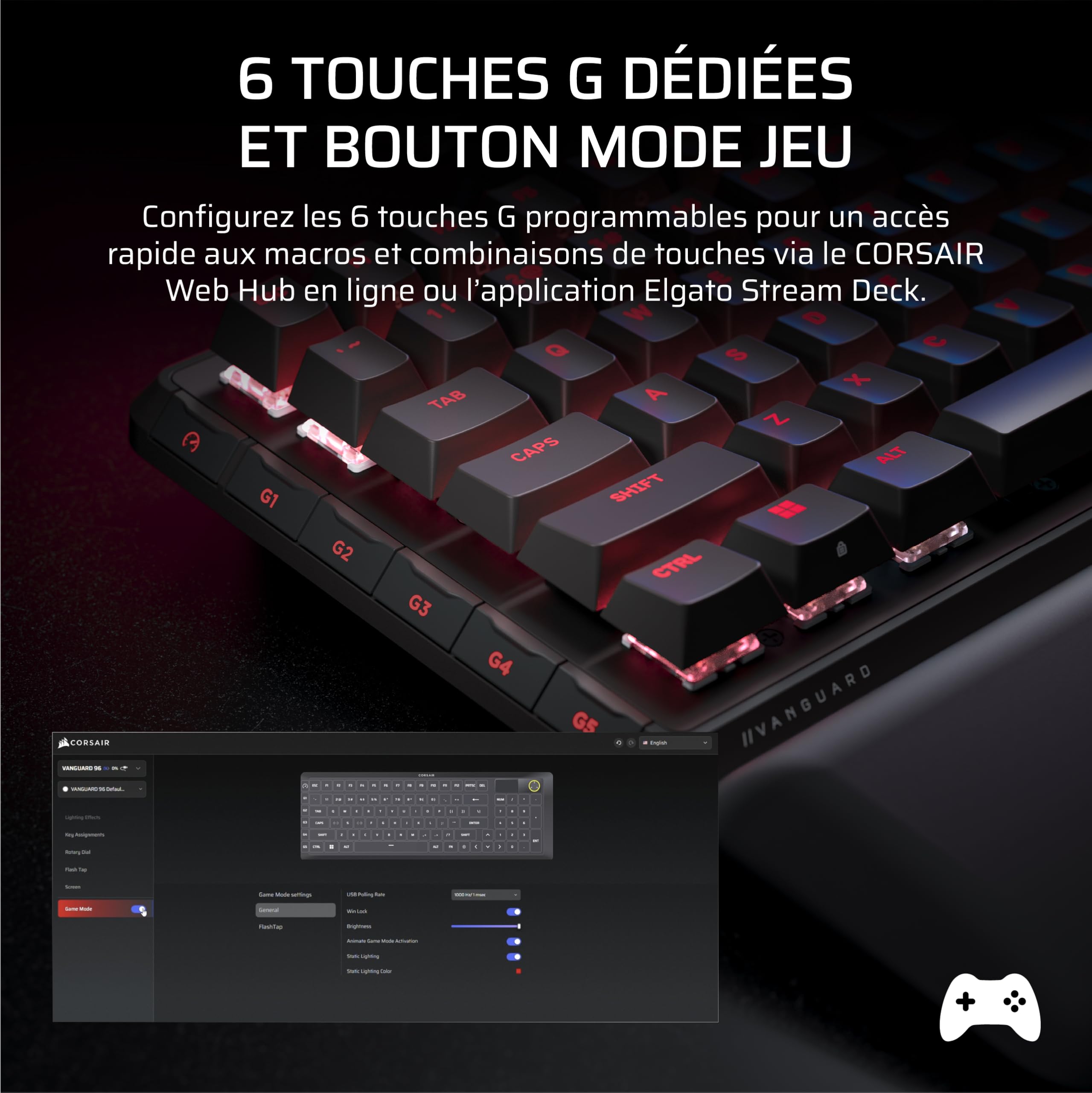 Corsair Vanguard 96 sans Fil Hall Effect Clavier de Jeu (AZERTY FR) – Noir | Magnétique Mécanique, 96%, MLX Plasma Commutateurs, Interrogation 8 000 Hz, Rapid Trigger, Stream Deck Virtuel, SOCD Flashtap