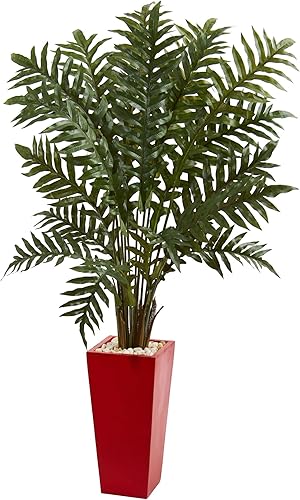 Miniatura 1 de Nearly Natural 6425 Planta artificial de hoja perenne en jarrón de torre roja, 4.5 pies