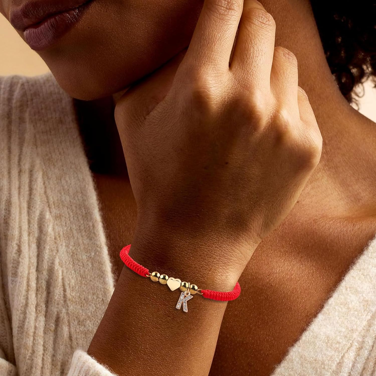 Christmas Gifts Initial Bracelets for Women Men Initial Bracelet Red Handmade Bracelets Rope Braided Golden bead Letter Bracelet for Teen Girls Adjustable Jewelry for Women Mom Give him/her a gift - Image 5