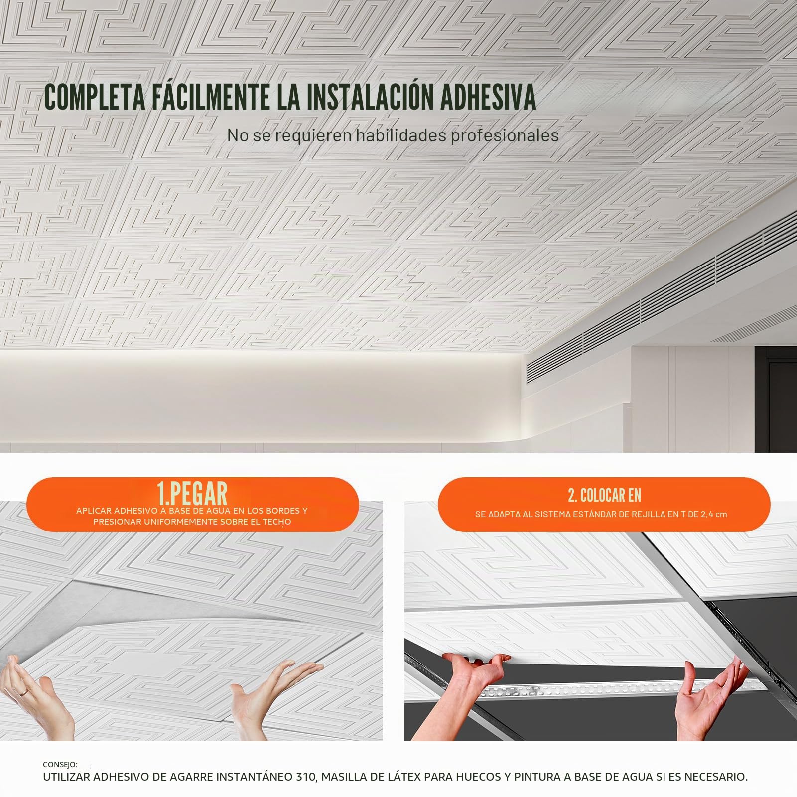 VEVOR Paneles para Techo Suspendidos, Paquete de 12, Láminas de PVC de Primera Calidad, Fácil Instalación/Corte, Plástico, para Decoración del Hogar/Oficina, Patrón de Eco Blanco, 605 x 605 mm