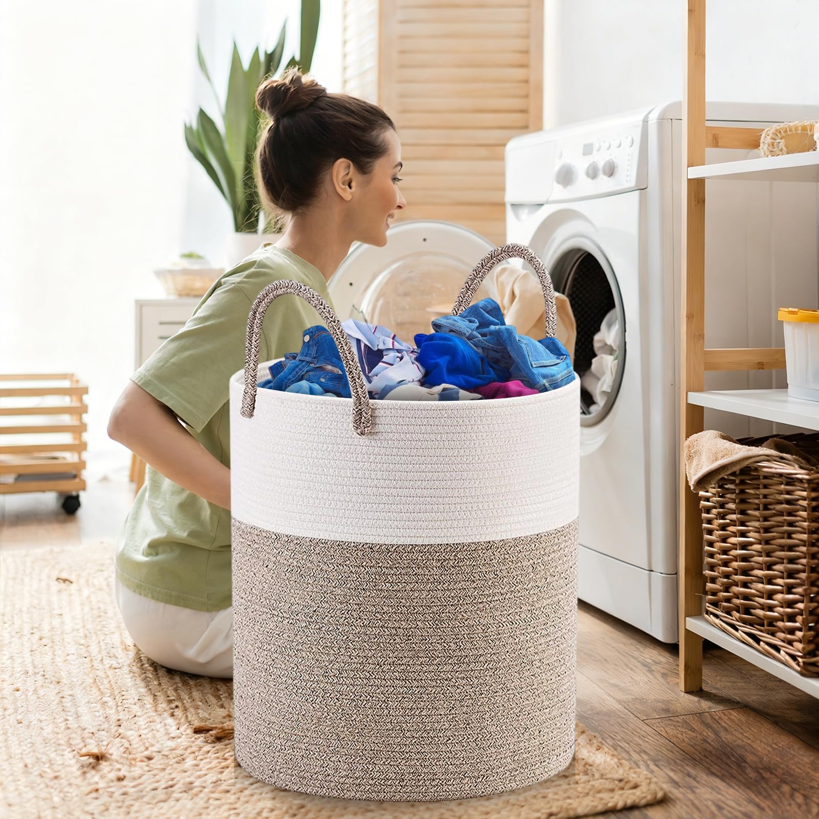 Cesto per il bucato in corda di cotone, 58L – Con 2 borse per il bucato, manici rinforzati, ideale per bucato, giocattoli e coperte(Bianco/Beige)