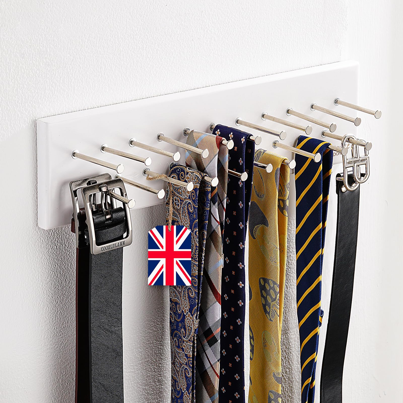 TreeHouse London Tie Rack Organizer – Holds 40 Large Ties – Solid Wood & Sturdy Metal Storage Holder for Closet – Wall Mounted Tie Display Hanger for Wall, Bedroom (White) 16''L x 4.25''H