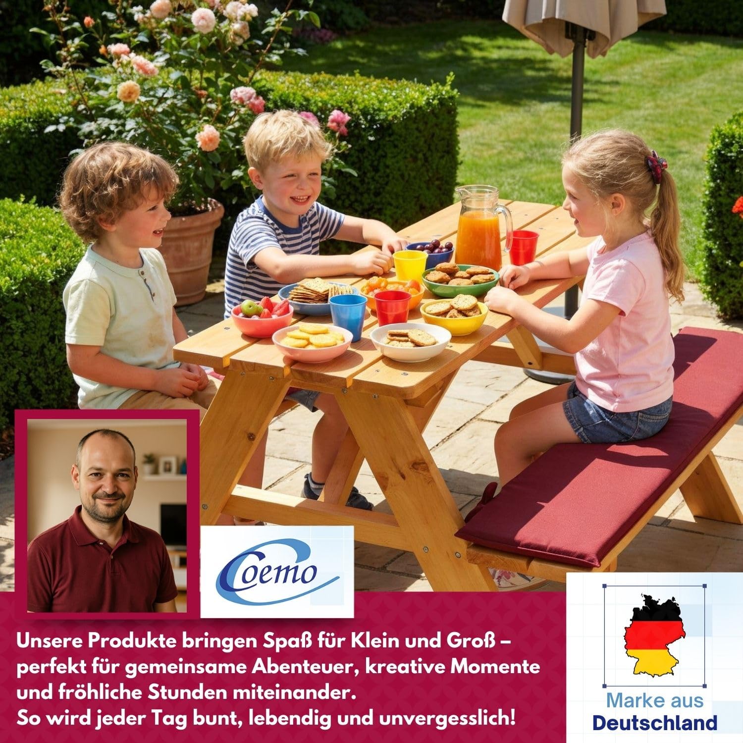 Coemo Robuste Kinder-Sitzgarnitur Outdoor mit 2 Polster Picknicktisch Kindersitzgruppe Kindertisch für Garten und Balkon Spieltisch Gartentisch Holz (Rotbraun, 89x79x50cm)