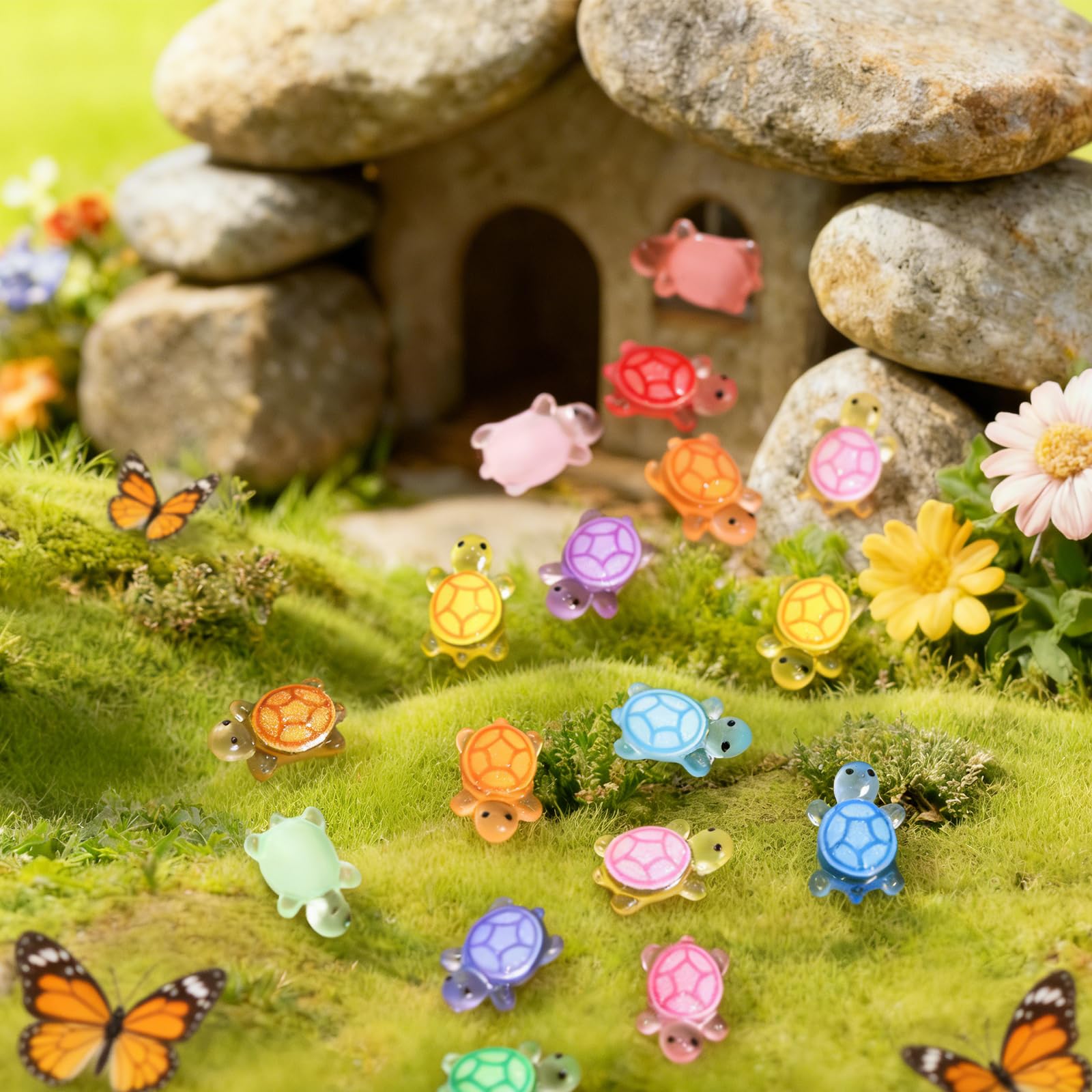 200 Stück Mini Schildkröten, Leuchtende Resin Figuren, Bunte Mini Turtles für Deko, DIY Micro Landschaft, Garten, Party, Puppenhaus, 11 * 7mm, Transparente Box
