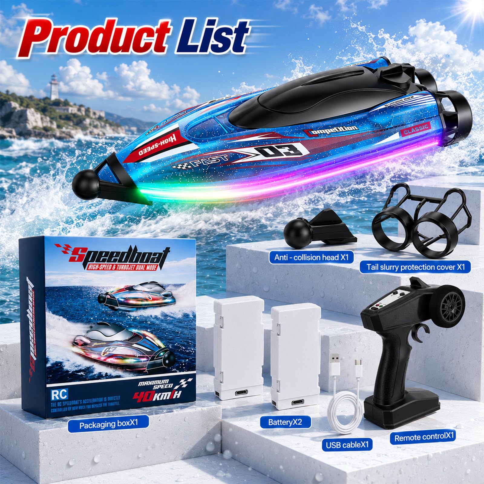 Barca radiocomandata, 25 km/h, 2,4 GHz, portata 100 m, impermeabile, LED, 2 batterie