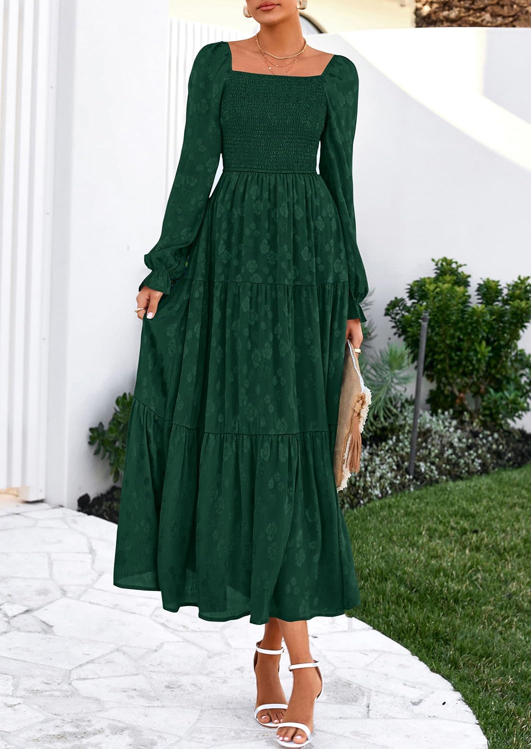 PRETTYGARDEN Wedding Guest Dresses for Women Floral Long Sleeve Smocked Tiered Elegant Long Flowy Boho Dress - Image 8