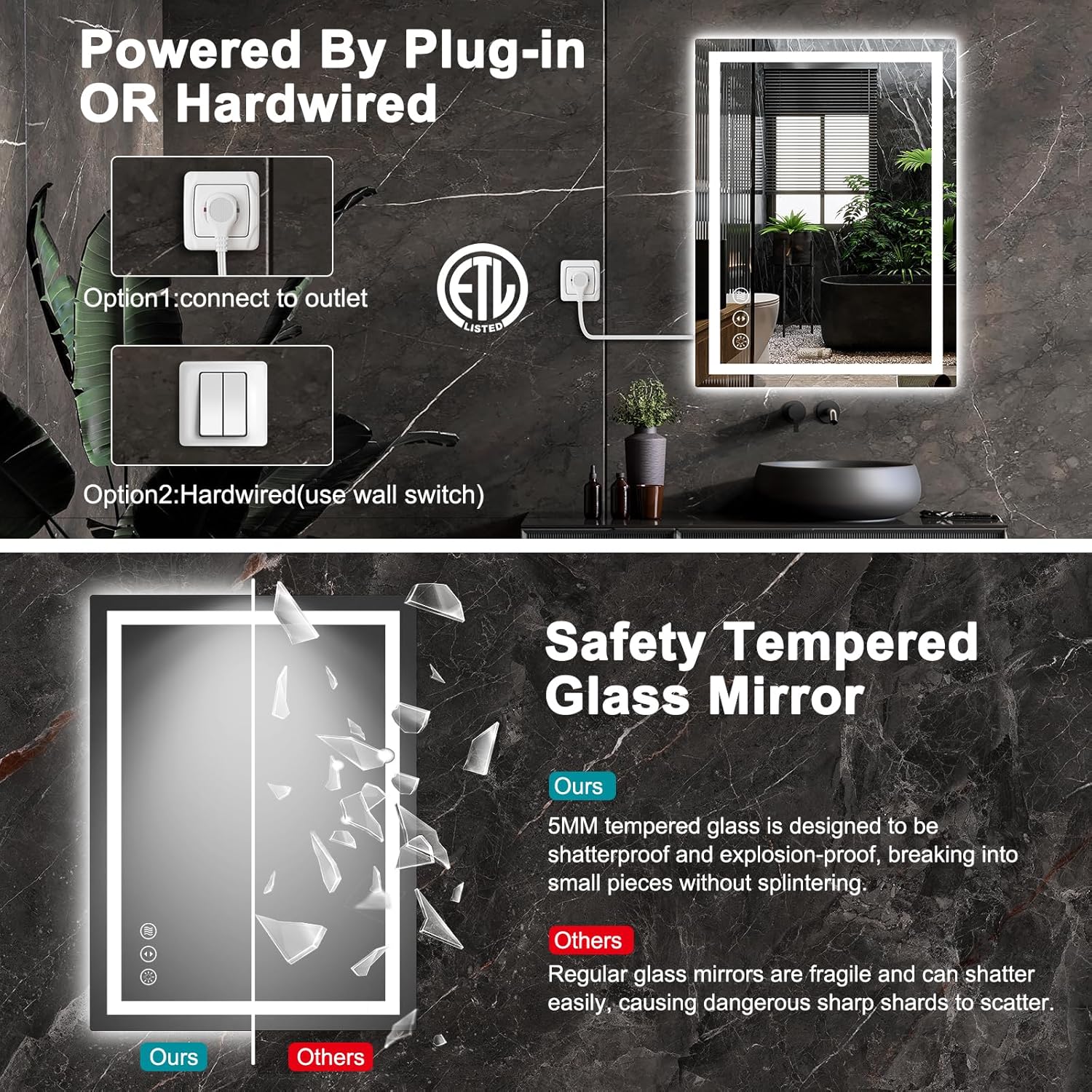 24x32 LED Bathroom Mirror with Lights, Anti Fog Vanity Mirror Wall Mounted, Dimmable Front Light and Backlight, Memory Function Tempered Glass, Shatter Proof ETL Listed