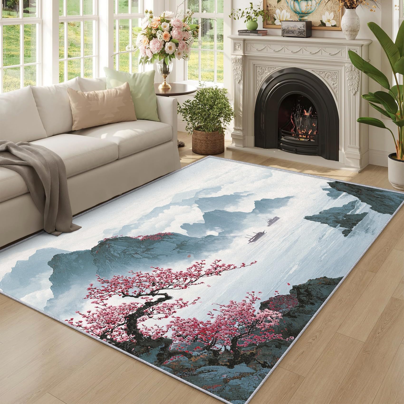 Tapis japonais 240x340 cm grand salon motif fleur de cerisier