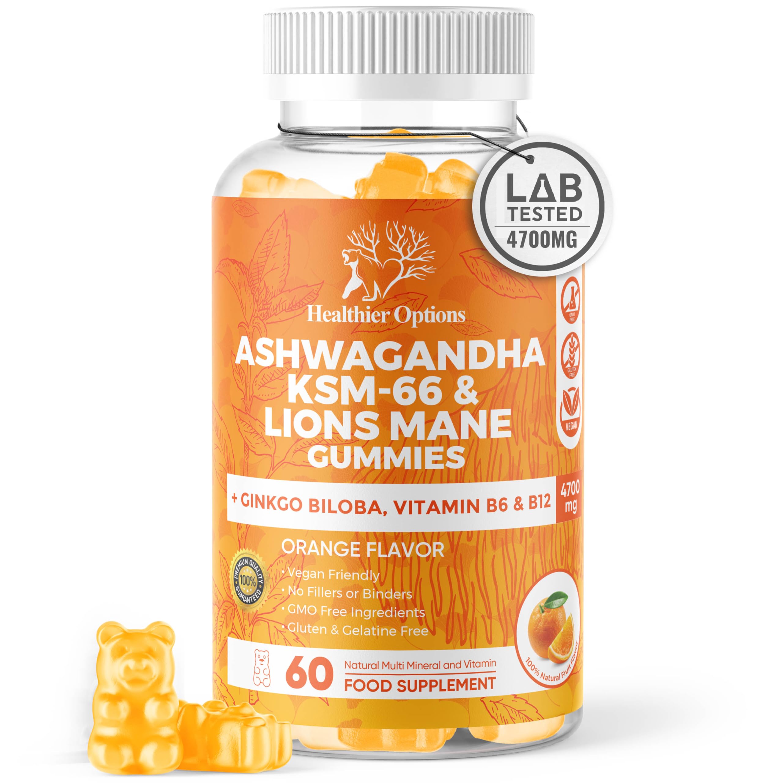 Ashwagandha KSM-66 and Lions Mane Gummies 4700mg | Enhanced with Ginkgo Biloba, B6, B12 & Magnesium | for Body, Mind & Cognitive Health | High Strength | 3-in-1
