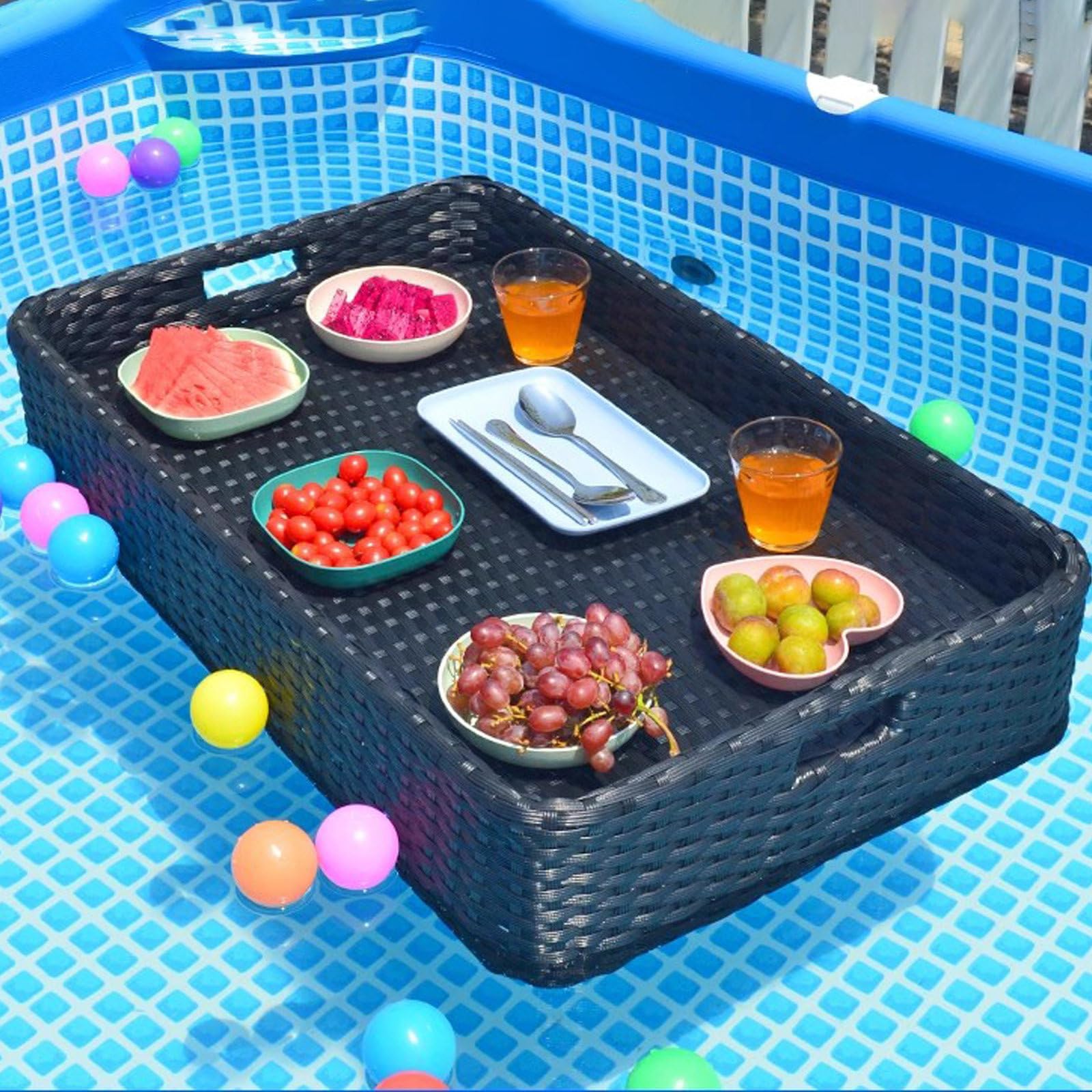 SHAHRYAR Vassoio Galleggiante di Lusso per Tavolo da Bar,Portata 5-7 kg,con Maniglia,per Bar di Sabbia, Spa, Bagno E Feste, per Servire Bevande E Cibo Sull'acqua,Black-Rectangle