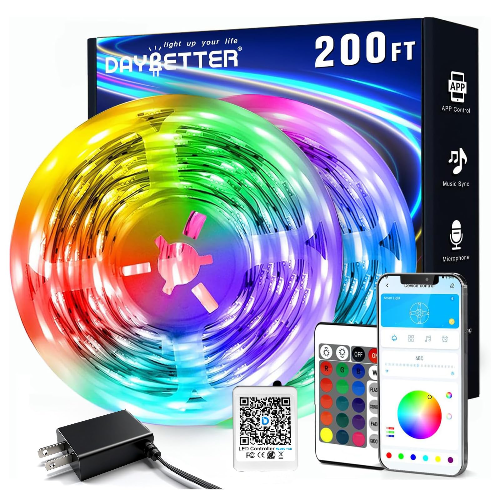 DAYBETTER LED Strip Lights 200 ft (2 Rolls of 100 ft), Smart App Control Lighting Bedroom Rome Decor with Remote, RGB Music Sync Color Changing LED Lights for Party