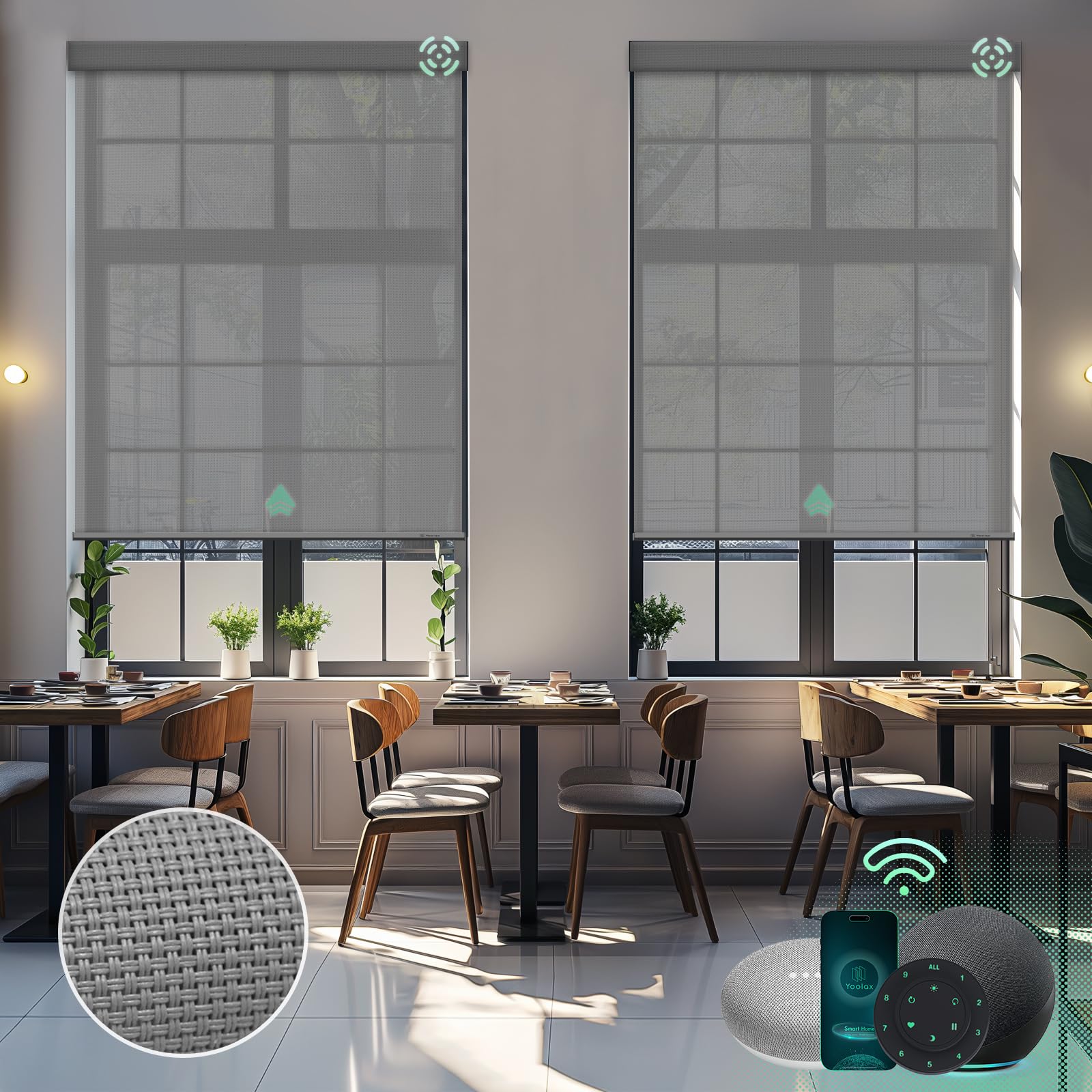 YoolaxMotorized Solar Shade Romote Control Light Filtering Roller Blinds Transparent Sight Auto Window Blinds (Grey)