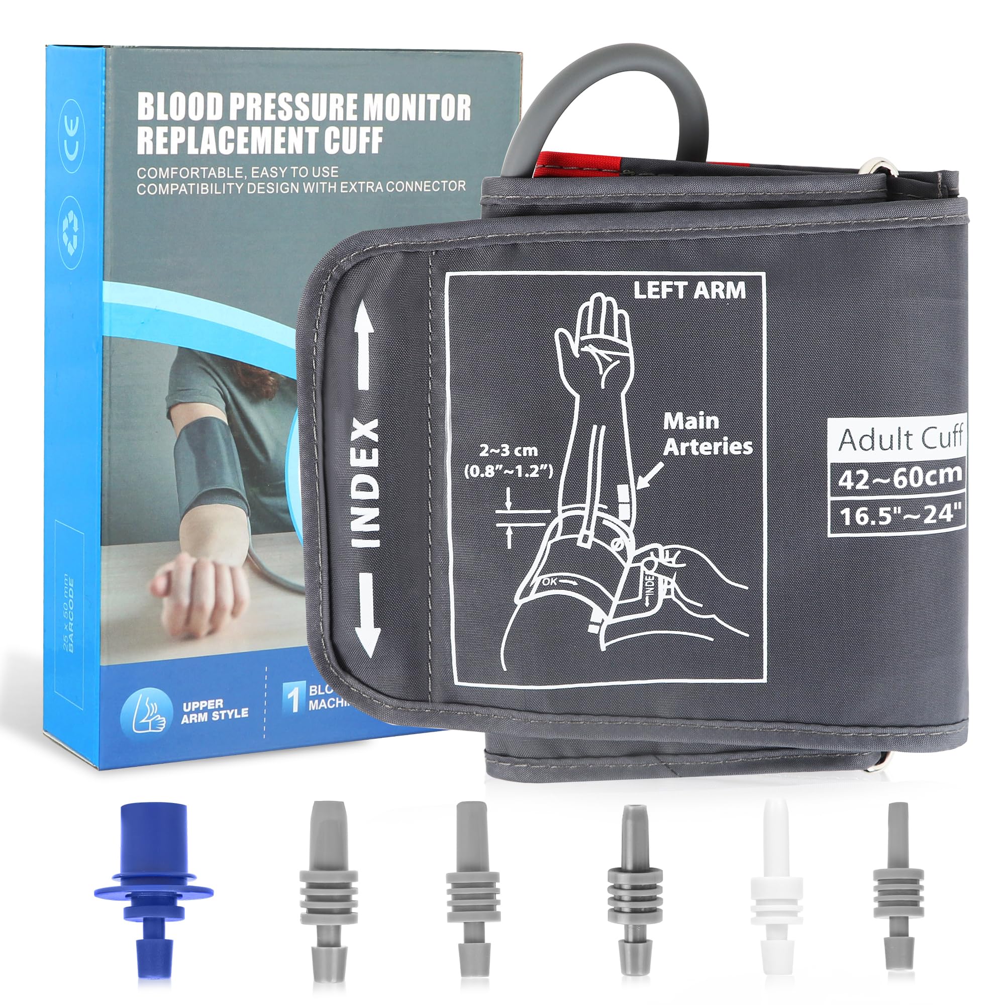 XXL Blood Pressure Replacement Cuff Arm, 16.5-24 Inches BP Cuff Fits XL/XXL Size Arms, 6 Sizes of Connectors Compatible with Omron and Other Brands (Cuff Included Only)