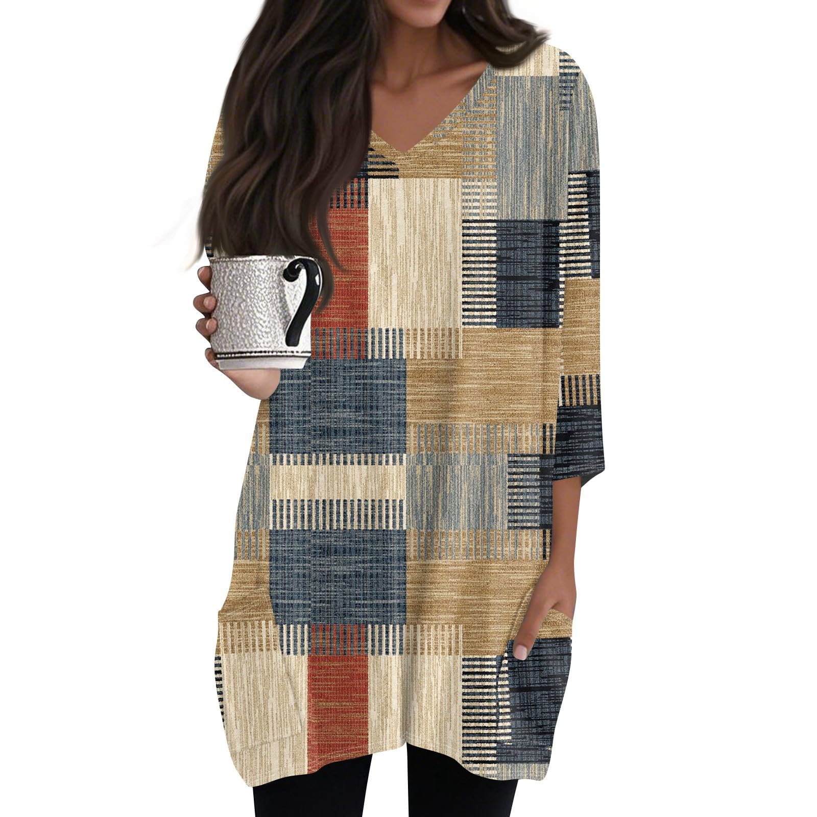 Womens Tunics To Wear With Leggings Summer 3/4 Length Sleeve V Neck Tshirts With Pockets Long Blouses Dressy Casual