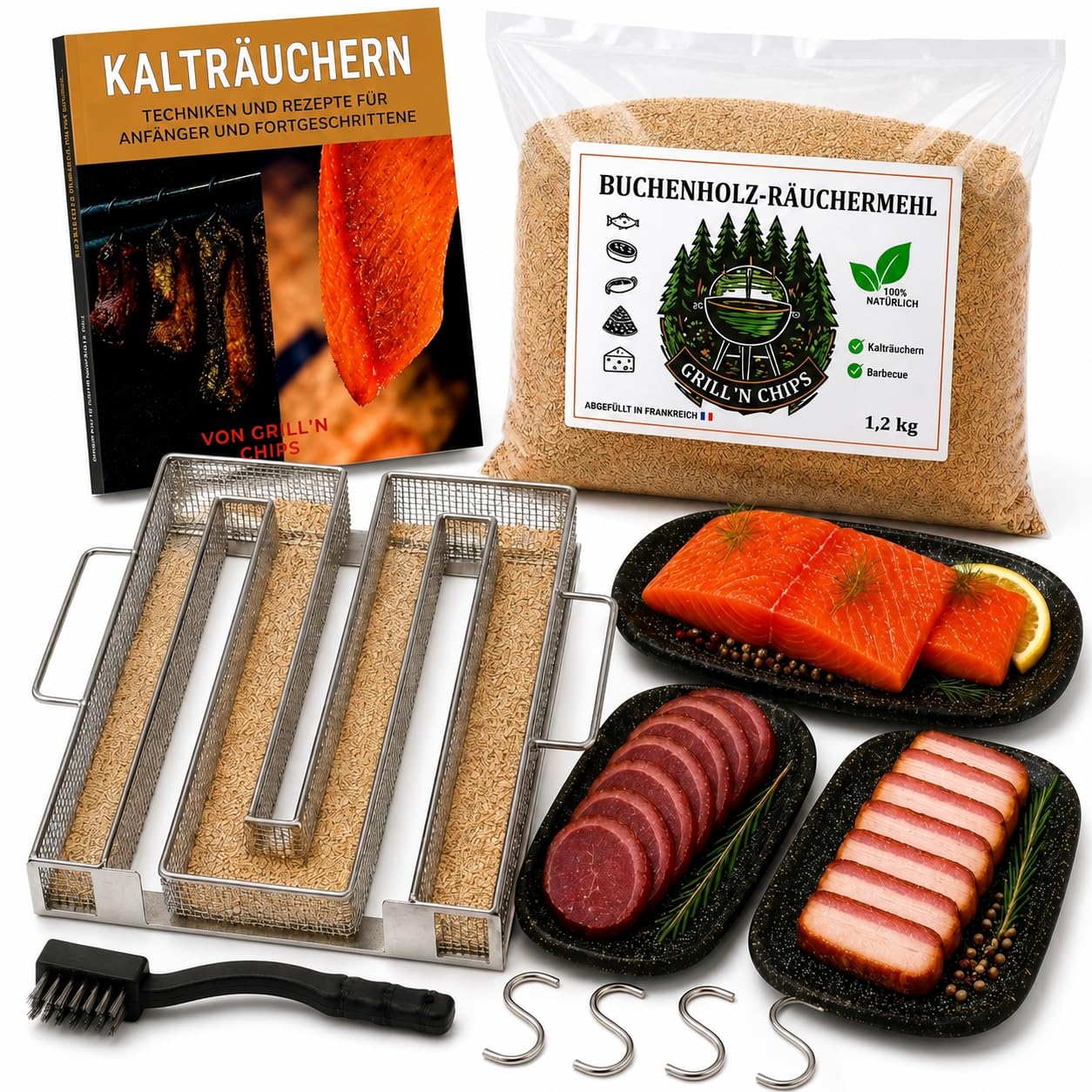 Räucherschnecke/Kaltrauchgenerator, 1,2 Kg Räuchermehl,Buchenspäne Räuchern | Räucherspirale/Sparbrand für Räucherofen. Räucherspäne 0,5-1 mm, 4 Haken + Bürste. Bis zu 8-10 Std. Kalträuchern. PDF-Guide