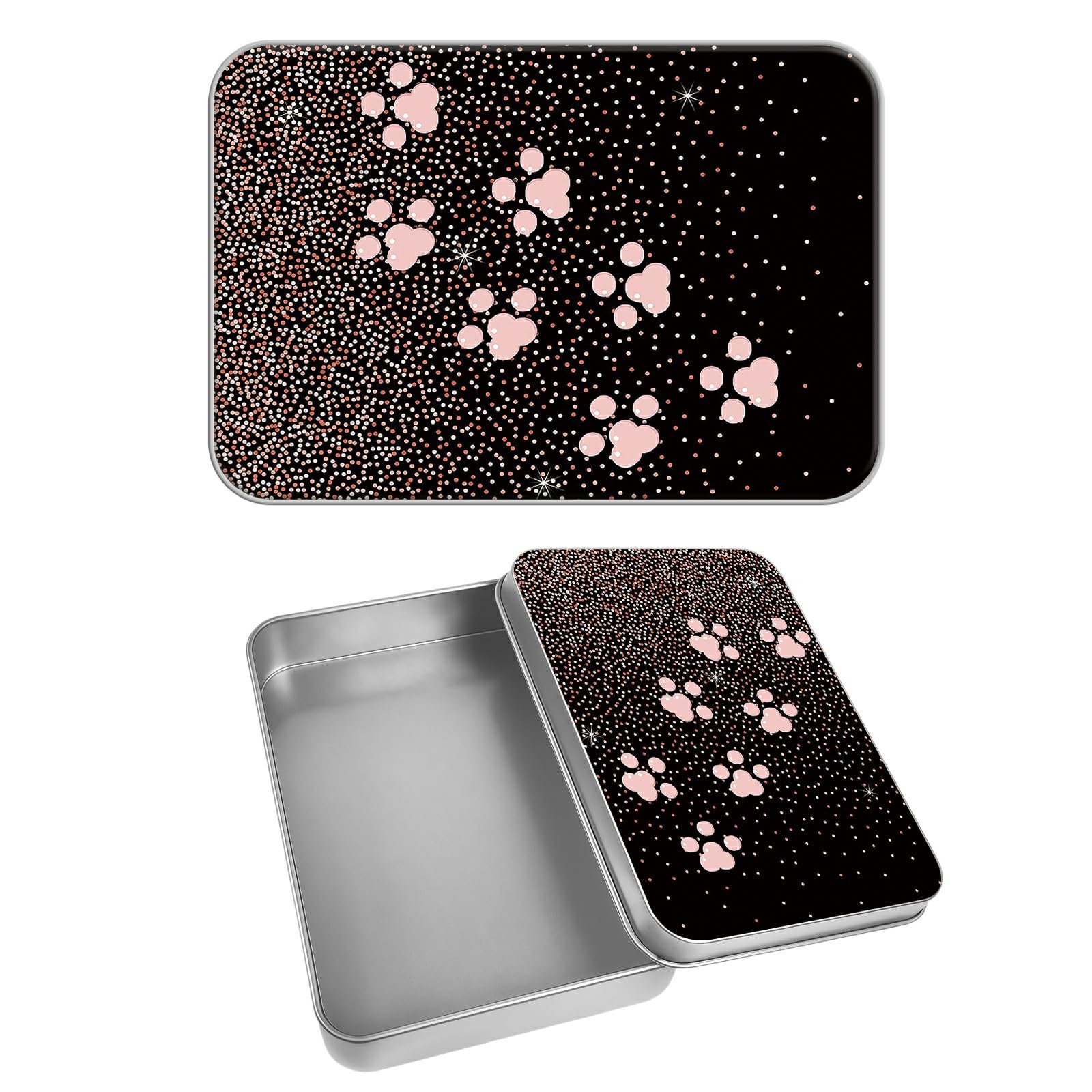 Rectangular Metal Tin Box with Removable Lid, Pink Dog Paw Glitter Decorative Printed Metal Storage Container for Cash Ticket Credit Card Check 3.46 x 2.36 x 0.7 inch– Single Pack