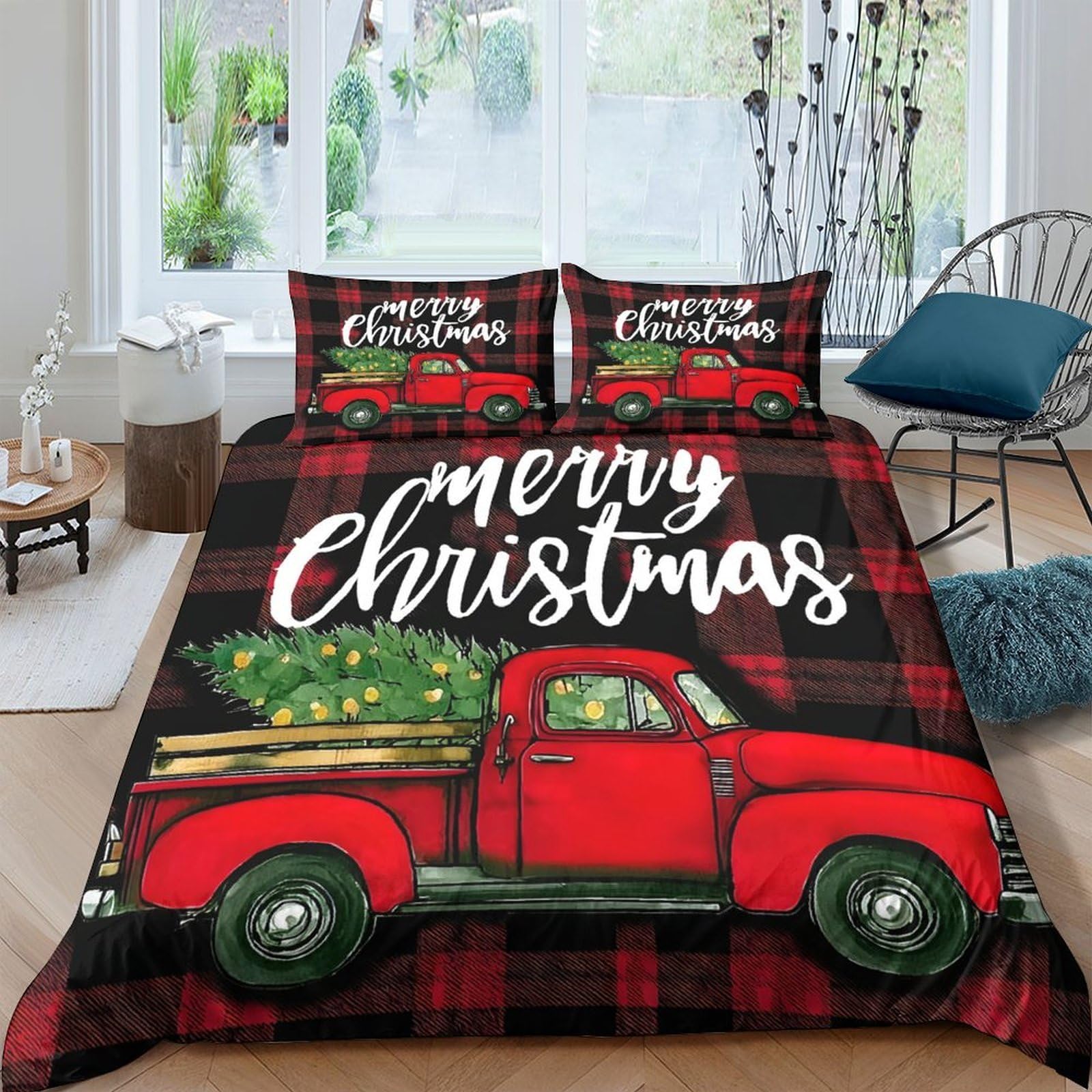 Ctjqhvkz Style-1 3D Printed Christmas Red Truck Fitted Sheet Microfiber Soft Breathable Pine Tree Bed Cover For Bedroom Guest Room Decor Single（135X200cm）