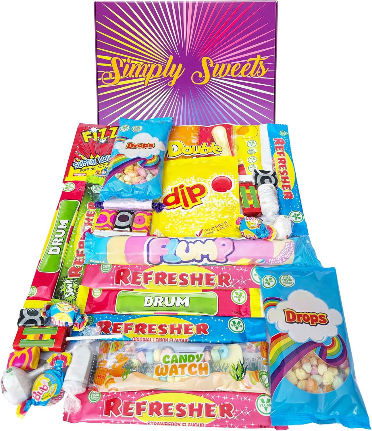 Simply Sweetsretro sweet hamper gift box. Packed with the best retro sweet. A perfect present for Birthdays, Get Well Soon, Christmas. Packed in a fun stylish unique box.