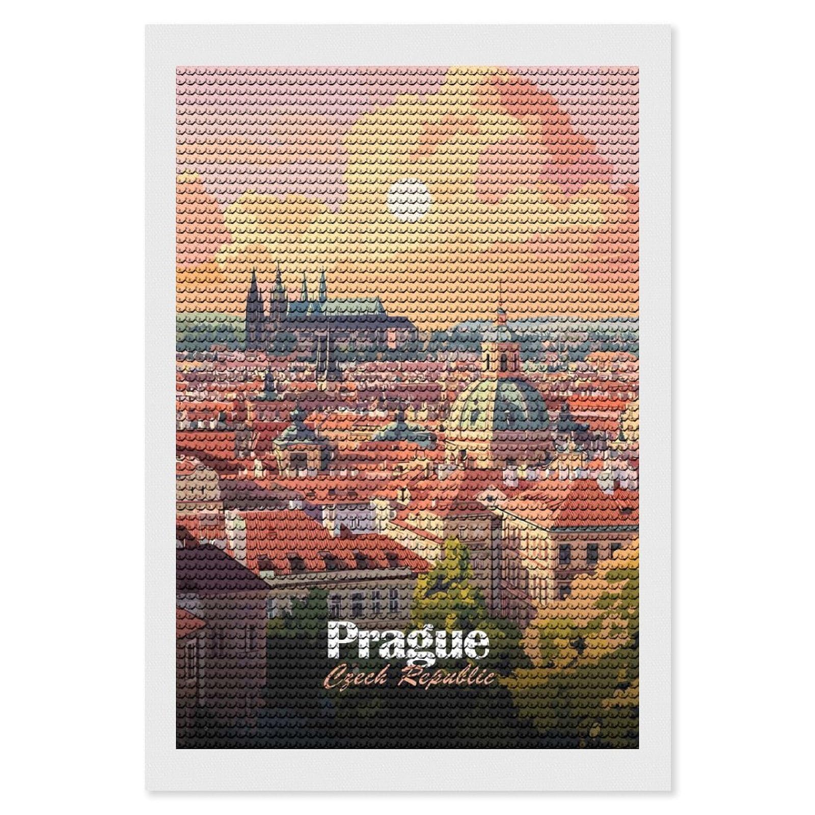Junmoney Prague Cityscape Sunset 5D Diamond Painting Kit 8"x12", Relaxing DIY, Mindful Craft Project, Full Kit Included, Thoughtful Present