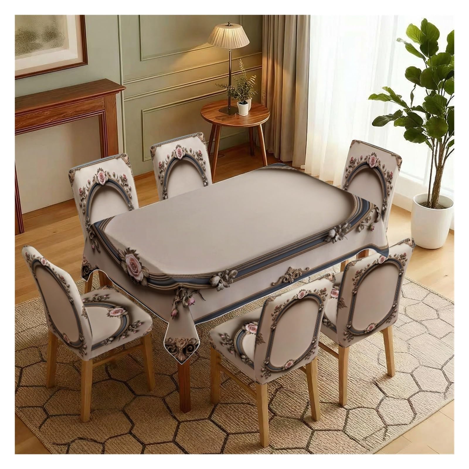 BOSUYBN Baroque Arch Rose Frame Printed Dining Tablecloth & Chair Covers Set, 5/7 Piece Luxury European Classic Home Decor Table Setting(7pcs Set: Tablecloth+Chair Covers)