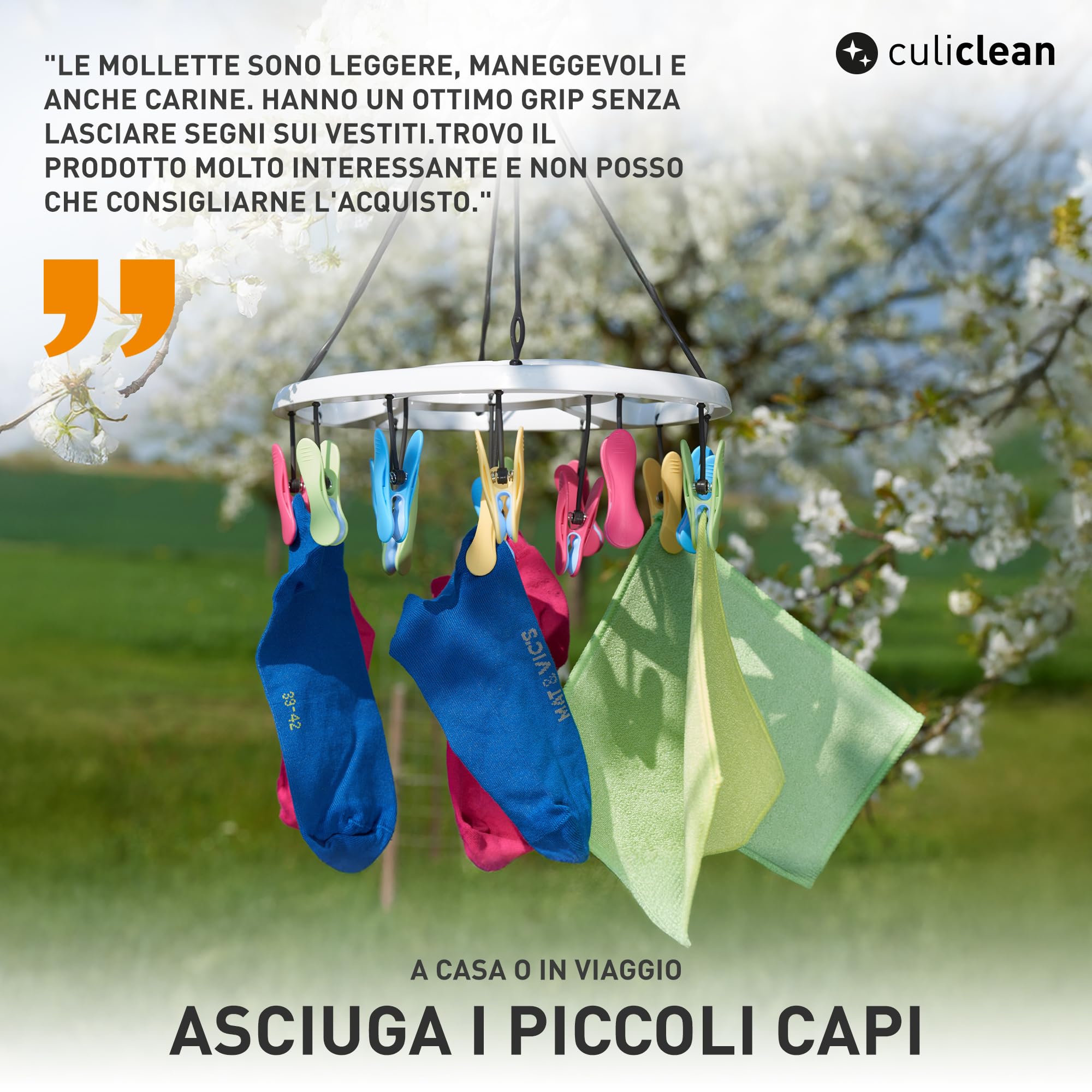 culiclean Stendibiancheria Pieghevole con 16 Mollette – Stendino Salvaspazio – Stendi Calzini da Appendere – 1 Pezzo – bianco con blu-gialla-verde-rosa