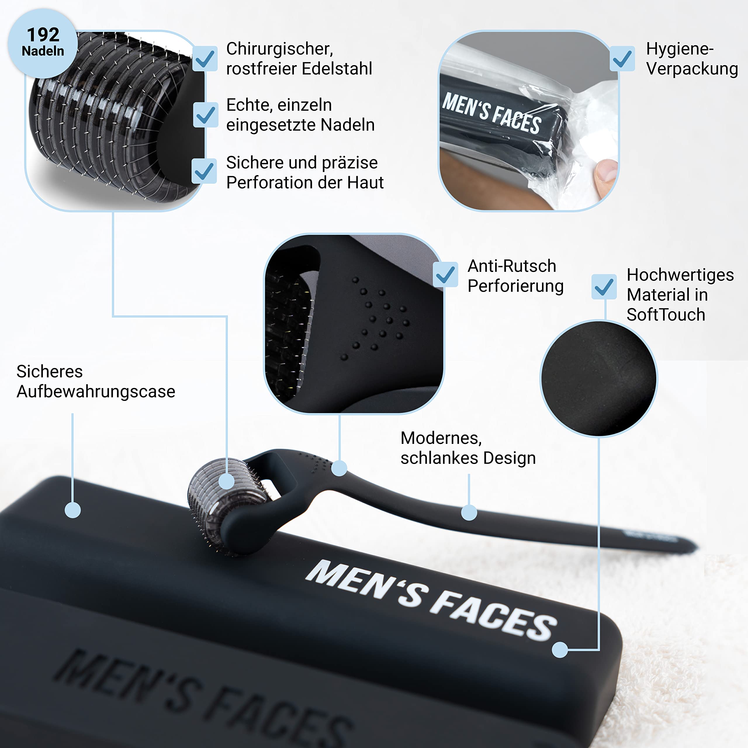 Bartroller 192 ECHTE Nadeln Dermaroller 0,5mm für Männer Bartwuchs & Haarwachstum beschleunigen