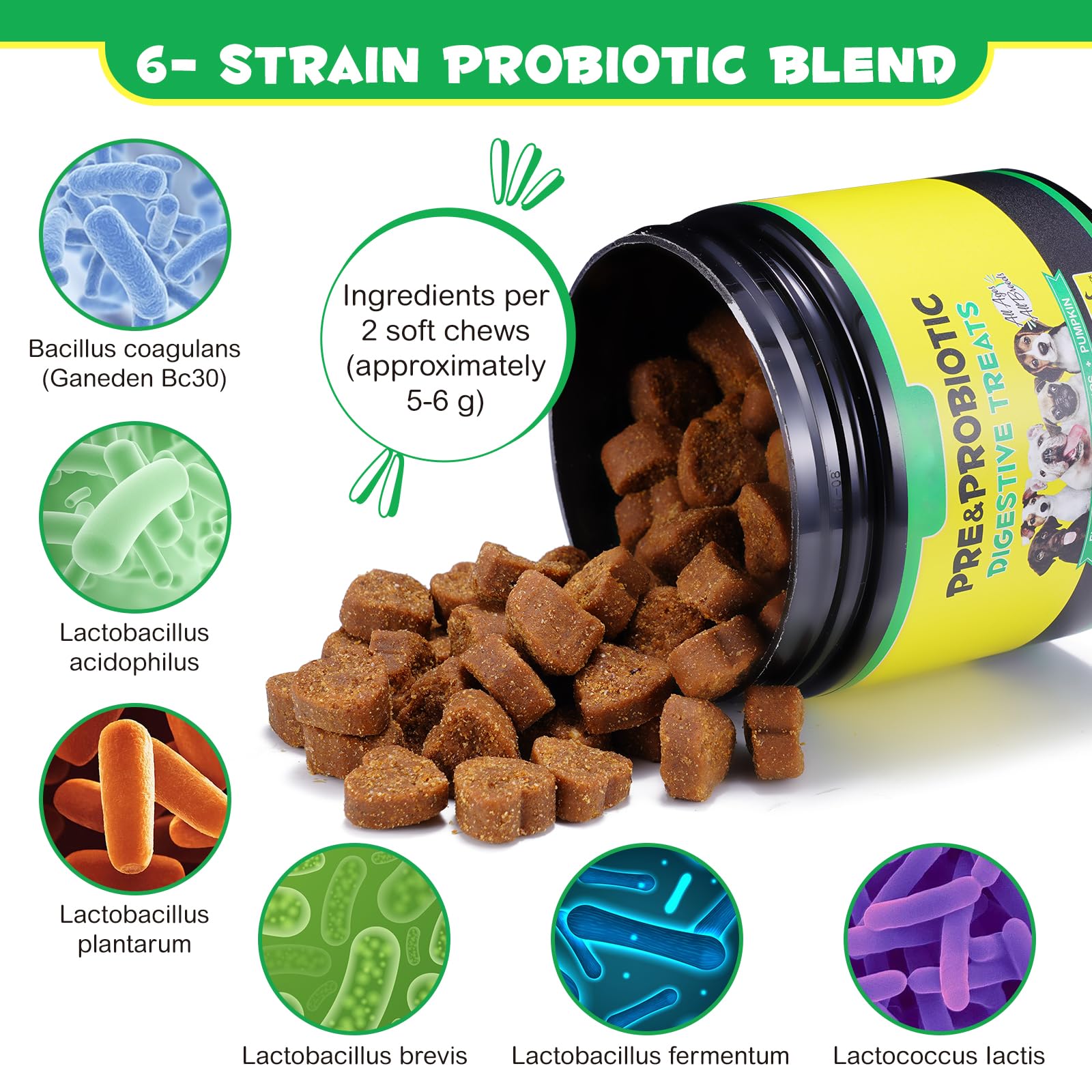 Generico Probiotico per Cani, Probiotico Digestivo per Cani, Supporto Intestinale, Allergie Stagionali, Equilibrio dei lieviti, Pelo Lucido e Difese Immunitarie, Anatra (120 Chews)
