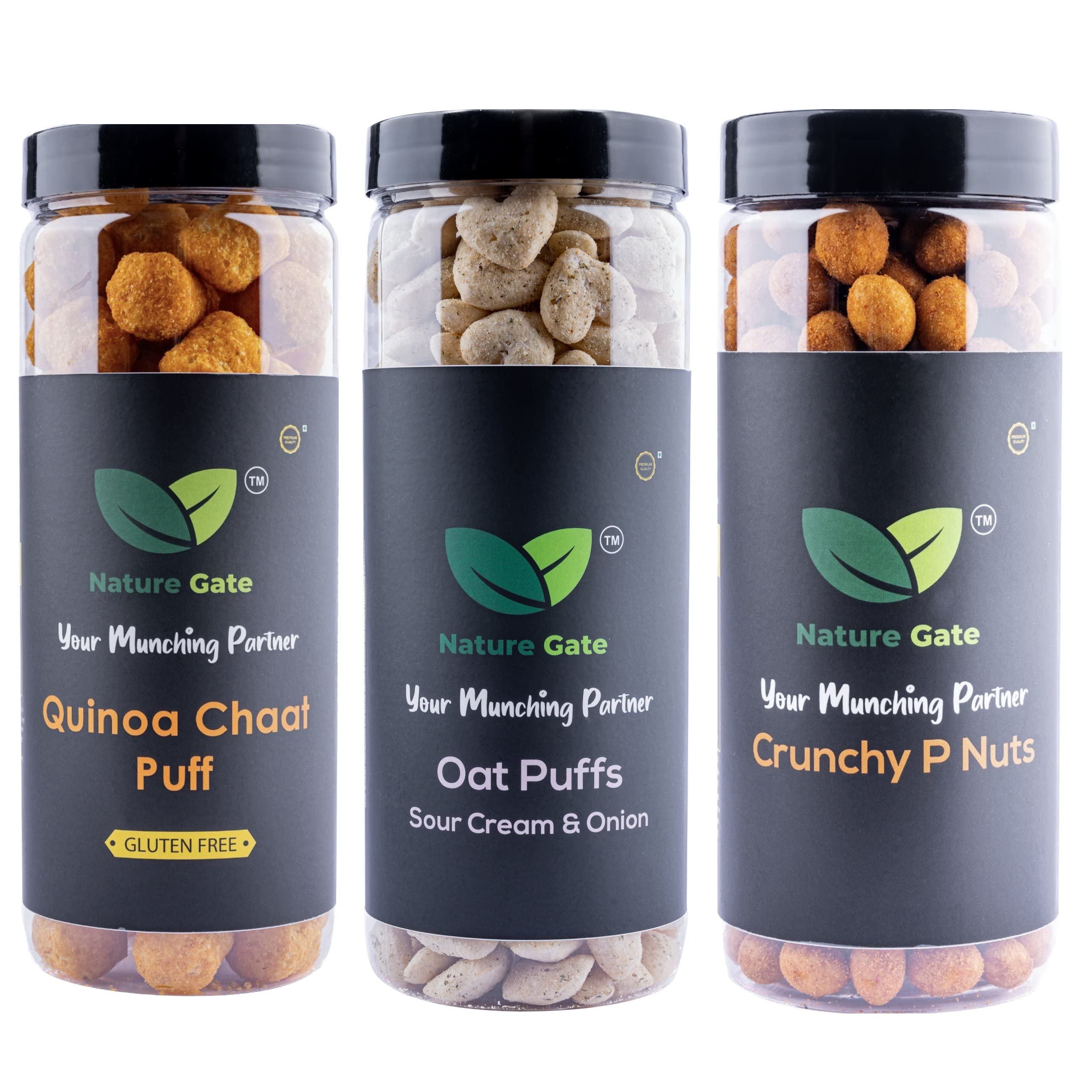 Nature Gate Oat Puffs Sour cream & Onion + Quinoa Chaat Puff + Crunchy P Nuts, Tasty Snack, Non-Fried, Healthy, Calcium, Protein, Fiber, Fresh, Authentic, Natural, 280 g