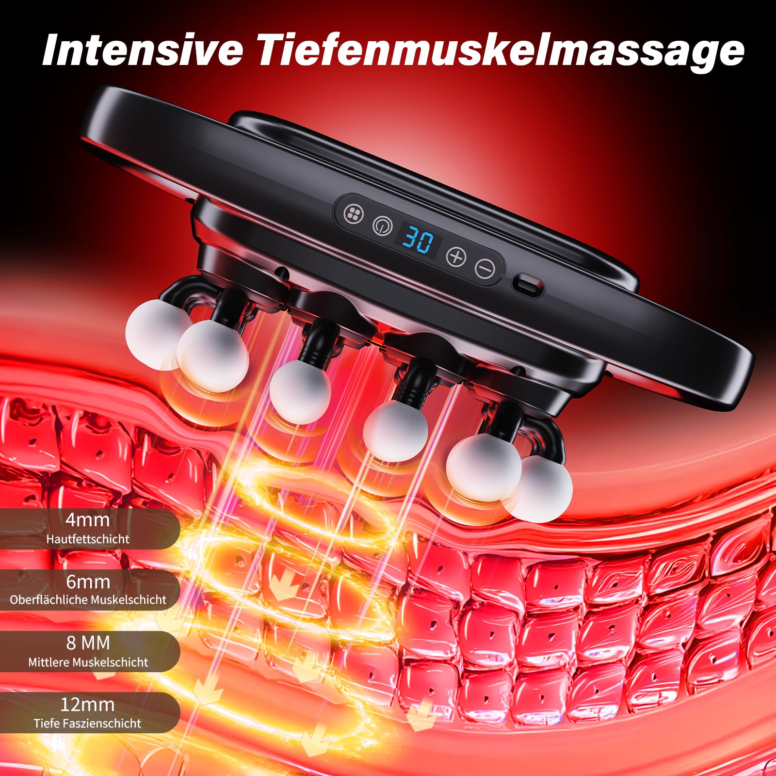 Massagepistole mit 20 Köpfen, 3 Modi & 30 Geschwindigkeiten – Intensives Tiefengewebe Massagegerät für Sport, Muskelregeneration & große Muskelgruppen