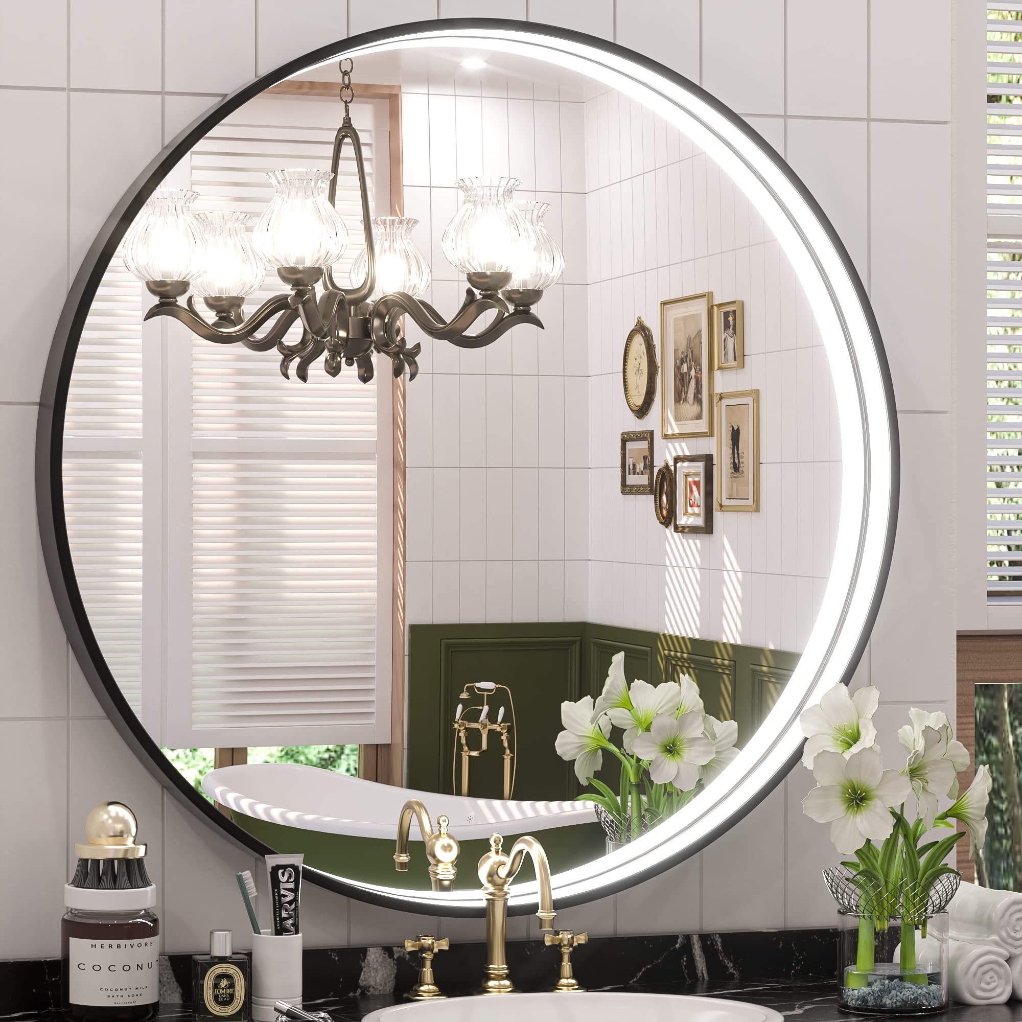 Keonjinn LED Round Mirror, 28 Inch Round Bathroom Mirror with Lights