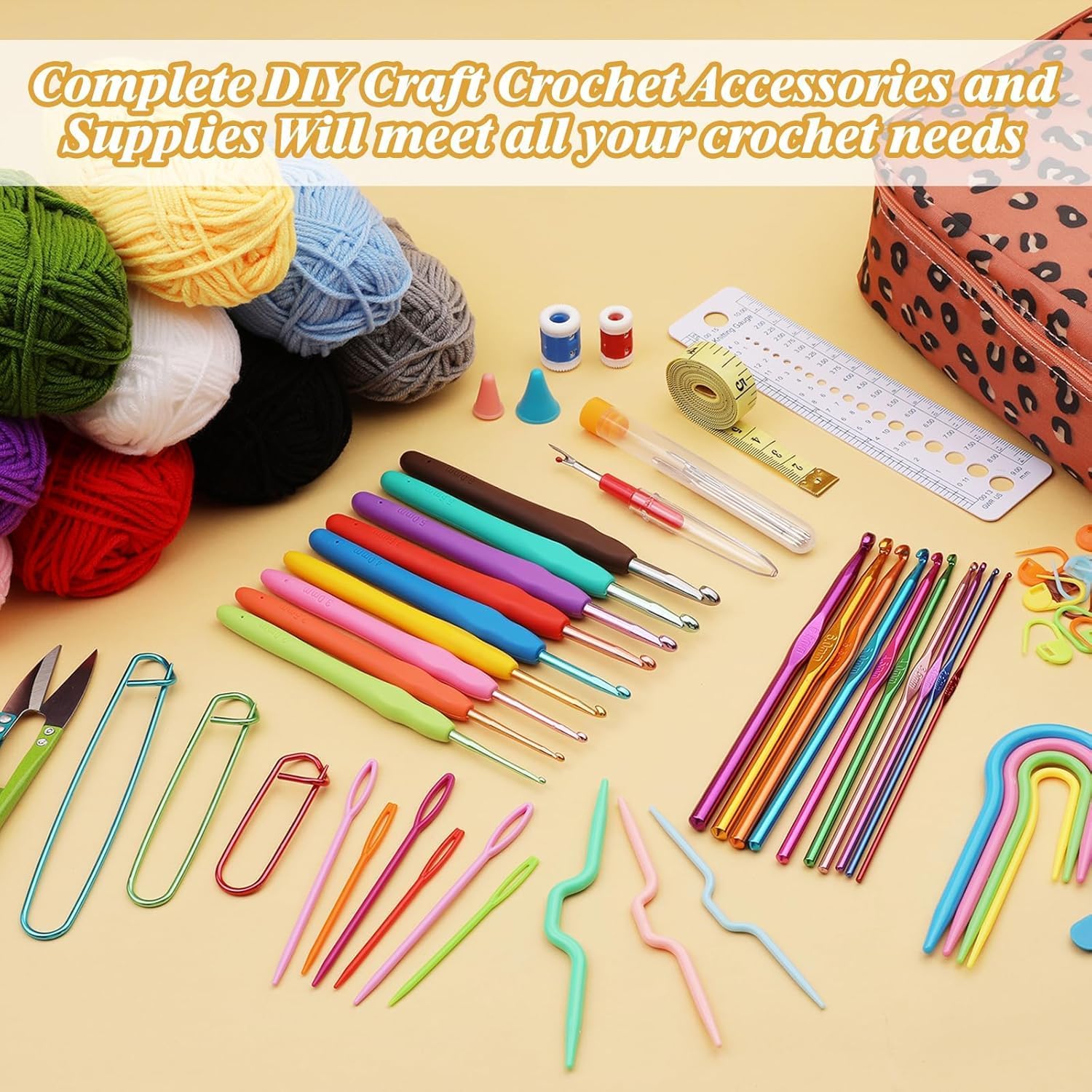 Tusmad Crochet Kit for Beginners Adults – 107 Pcs Starter Crochet & Knitting Kit with Yarn, Hooks, Stitch Markers & Accessories, Complete Crochet Set in Cactus White Storage Bag 2