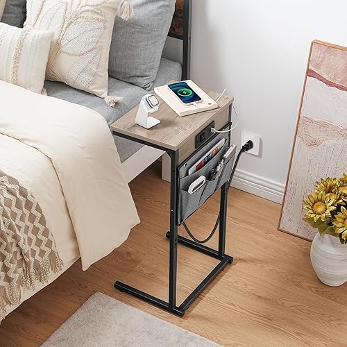 Miniatura 7 de HOOBRO Mesa auxiliar en forma de C con estación de carga, mesa de sofá de 28 pulgadas de alto para sofá y sillón reclinable para espacios pequeños,