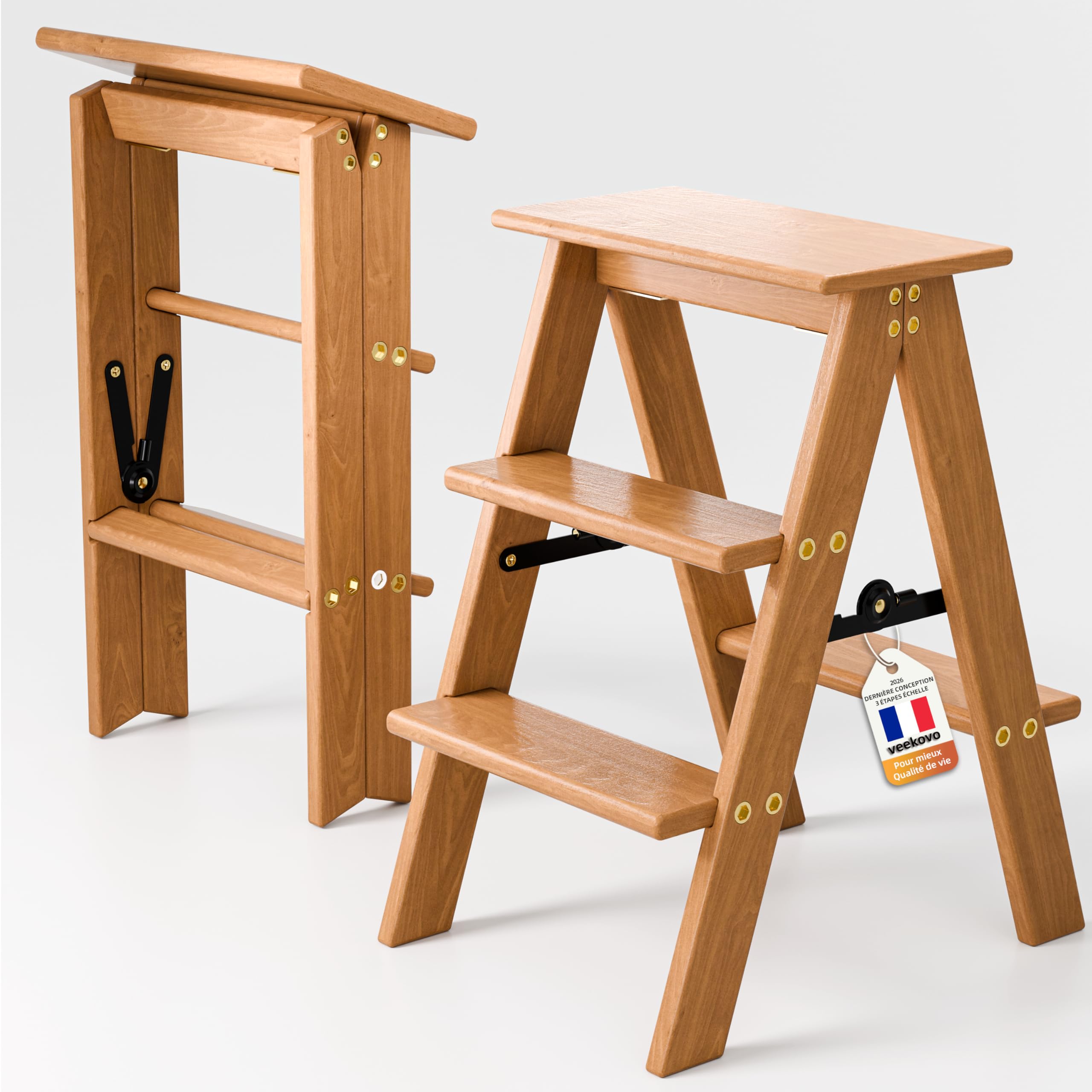 Escabeau 3 Marches Pliable, Tabouret Pliant en Bois, Chaise-échelle Pliante, escalier Robuste et antidérapant pour la Maison, la Cuisine et Le Bureau (Hêtre K1)
