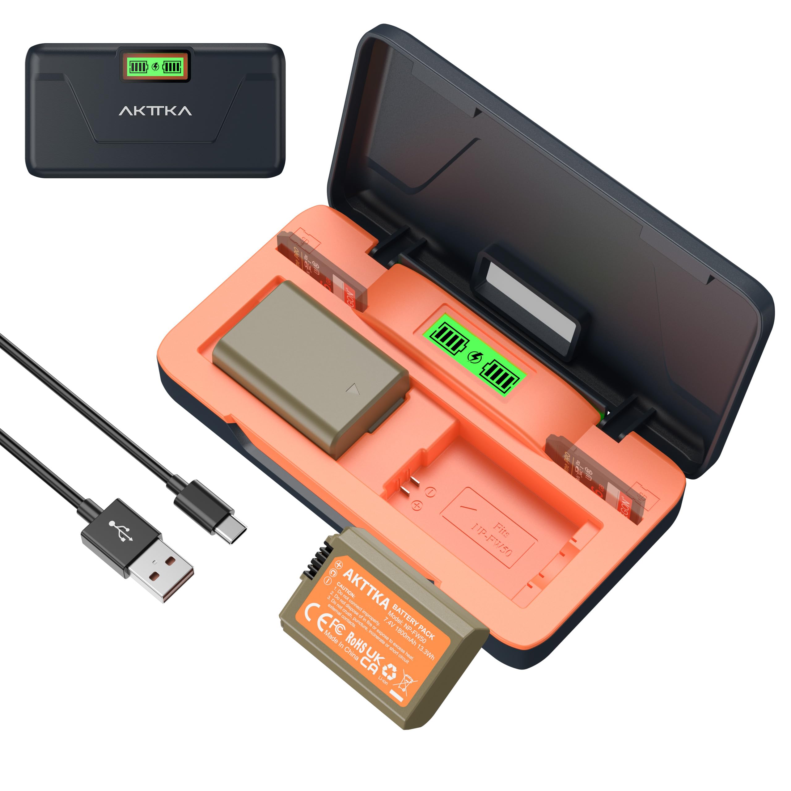 Pack 2 baterías NP-FW50 1800mAh con Cargador rápido | Cargador 20W con pantalla LCD y ranura SD, compatible Sony ZV-E10, A6000/A6400/A6500, A7 II/A7R II/A7S II, RX10 II/III/IV