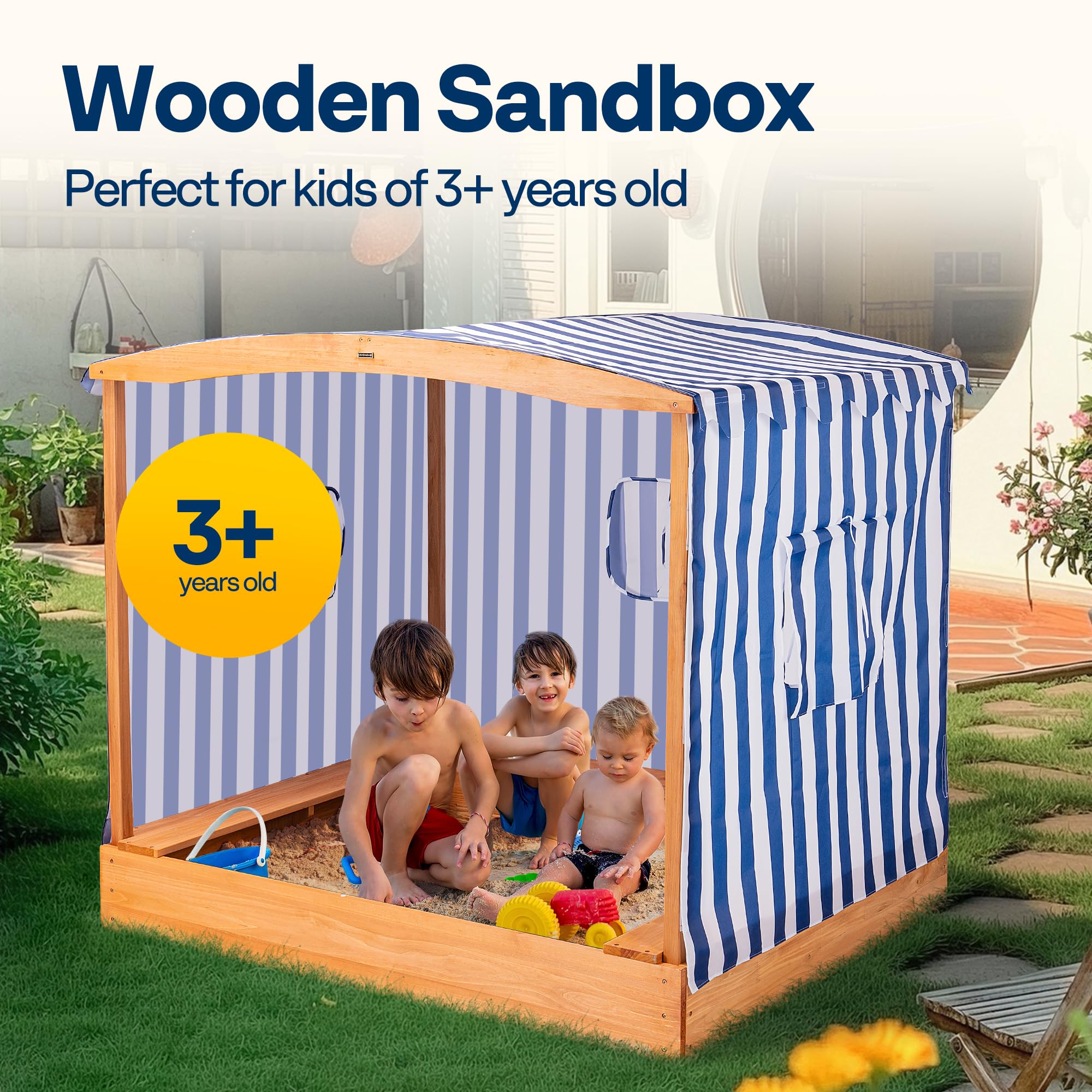 VIVOHOME 58x48in Wood Sandbox with Detachable UV-Blocking Canopy & Ventilation Windows, Spacious Outdoor Play Area with 3 Sturdy Benches, Bottomless Drainage Design for Kids 3+