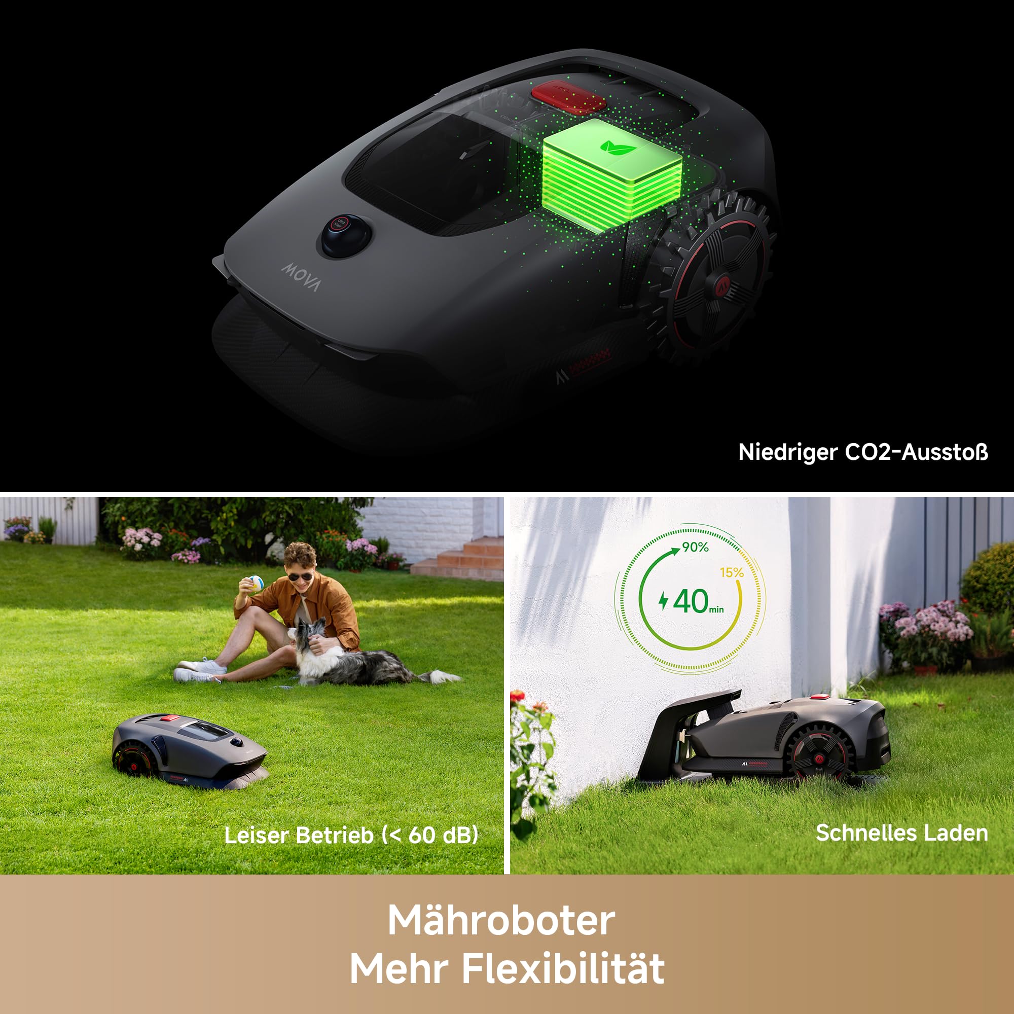 MOVA 1000, Mähroboter 360° 3D LiDAR kabellose Einrichtung & genaue Kartierung bis 1000 m², Mähroboter ohne Begrenzungskabel, Smarte Hindernisvermeidung, Verbesserte Geländeräder, U-förmiges Schneiden