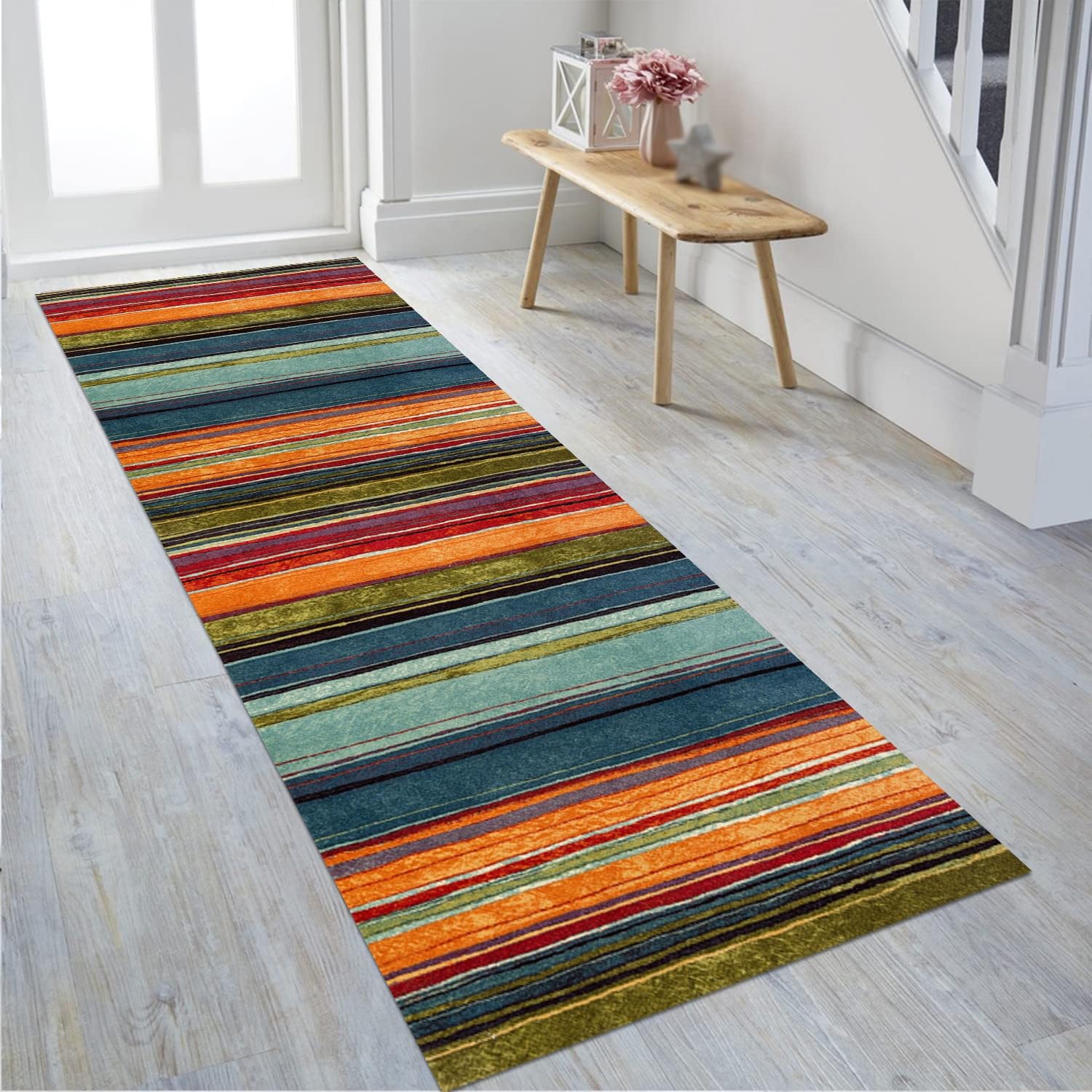 Alfombra de pasillo 90 x 200 cm, color naranja, azul y rojo, antideslizante, lavable, por metros, alfombra de cocina, lavable, para pasillo, salón, cocina, dormitorio, salón, pasillo