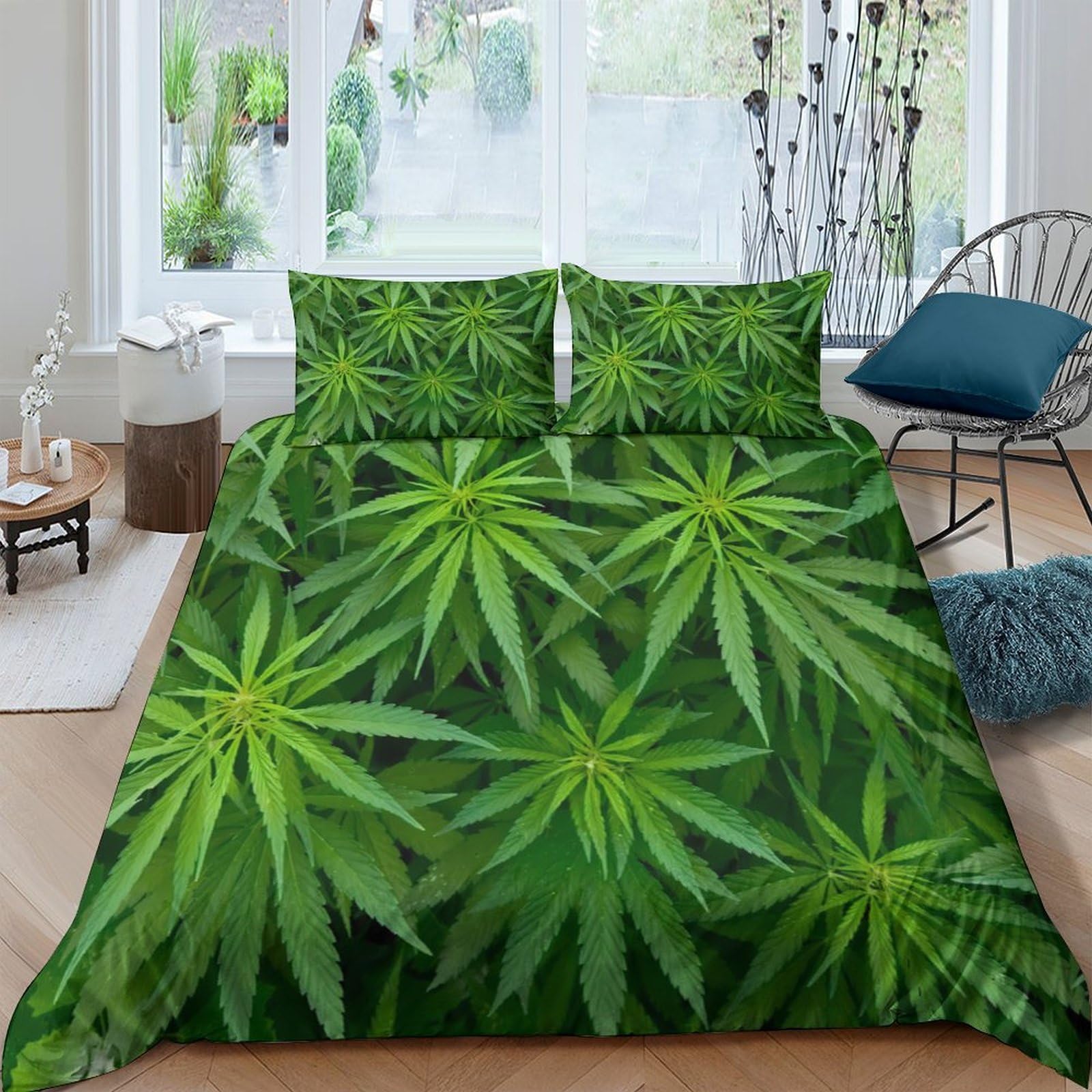 XFKLYNVCJ 3D Printed Cannabis plants Quilt Cover Premium Polyester Natural green foliage Duvet Cover Stain Resistant No Iron Family Home Bedroom Use Double（200x200cm）