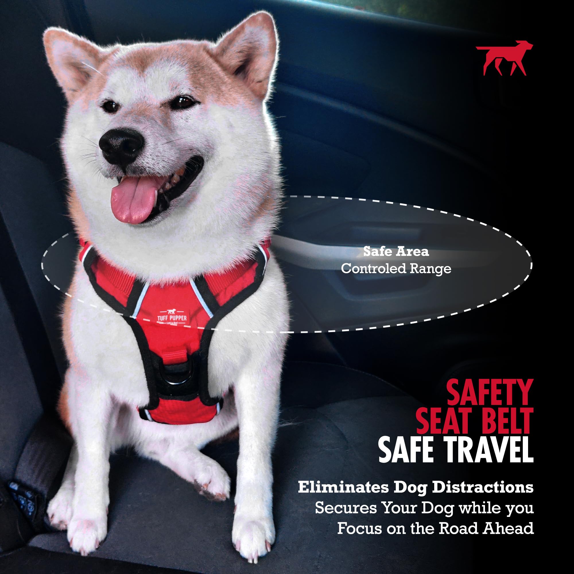 Tuff Pupper Ceinture de sécurité pour chien | Longueur réglable | Mousqueton de verrouillage anti-nœuds | Élastique absorbant les chocs | Coutures réfléchissantes pour plus de visibilité | Ajustement