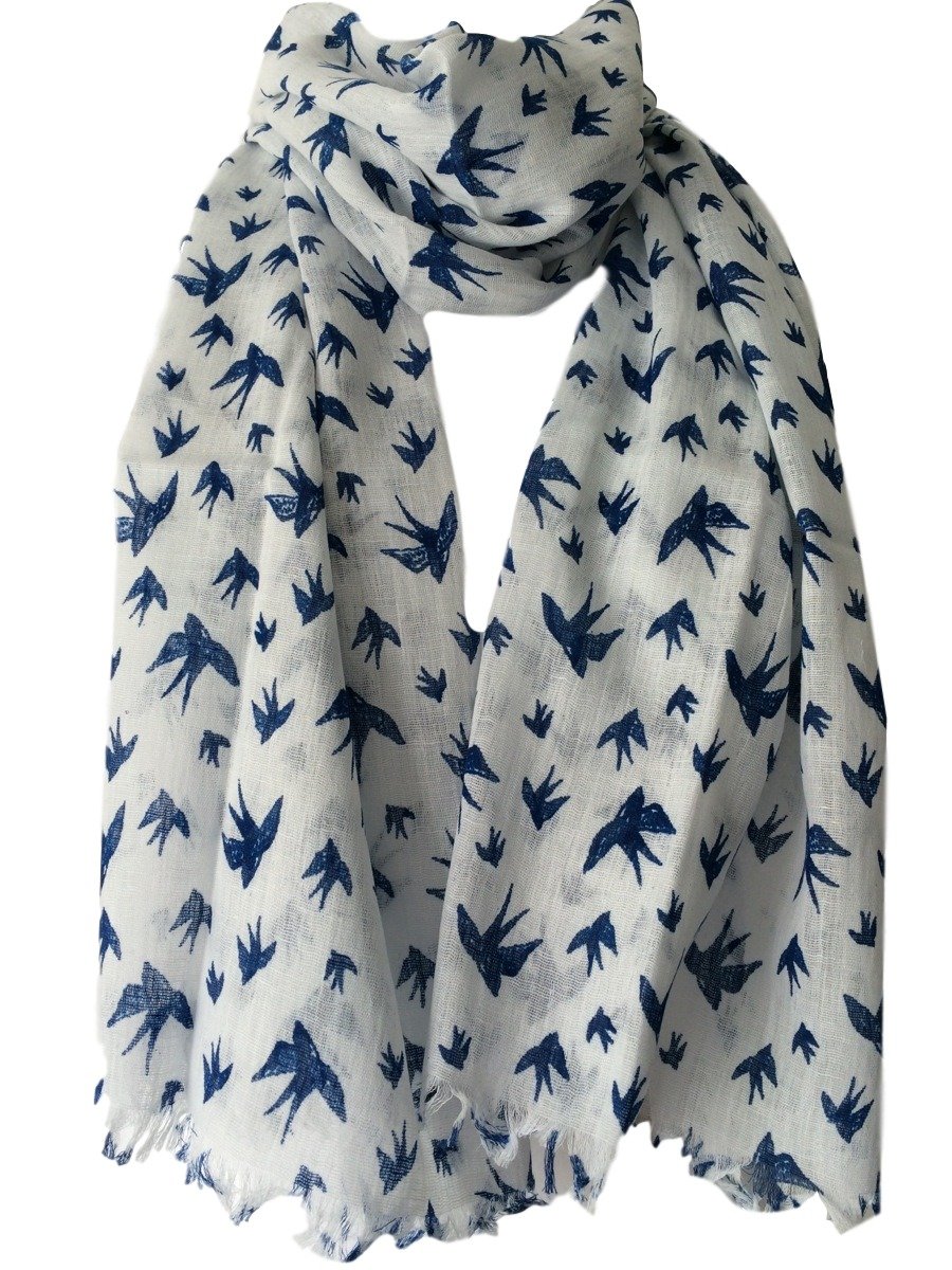 Purple Possum Women's White, Navy Blue Purple Possum® White Scarf Navy Blue Bird Print Fair Trade Shawl Wrap, Birds Cotton Scarf, Swallows