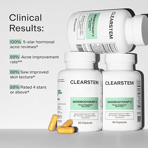 Vista 5 de CLEARSTEM - MINDBODYSKIN Suplemento hormonal para el acné (sin 5-HTP) - Suplemento DIM natural - Vitaminas para el cuidado de la piel - Equilibrio