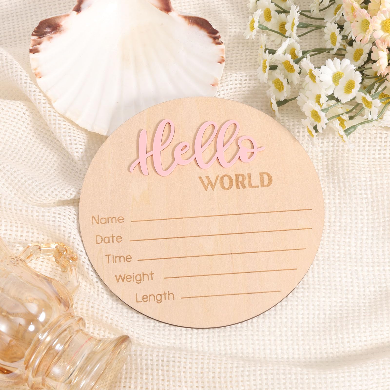 Cartello di Annuncio del Neonato in Legno 15 cm con Scritta Hello World Rosa Chiaro per Baby Shower