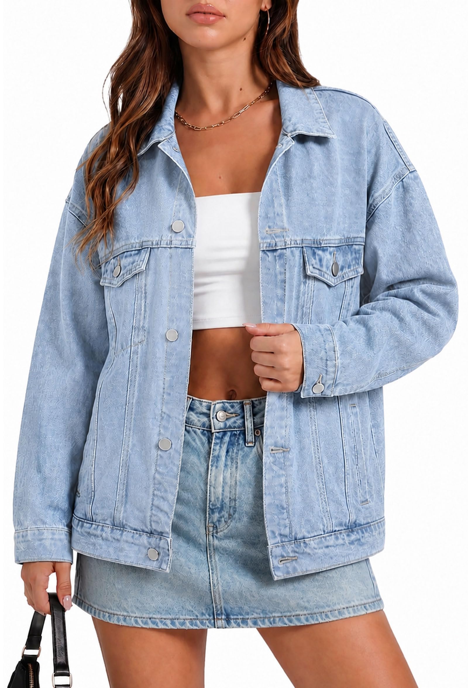 Women's Button Down Oversized Denim Jean Jacket with Chest Pockets